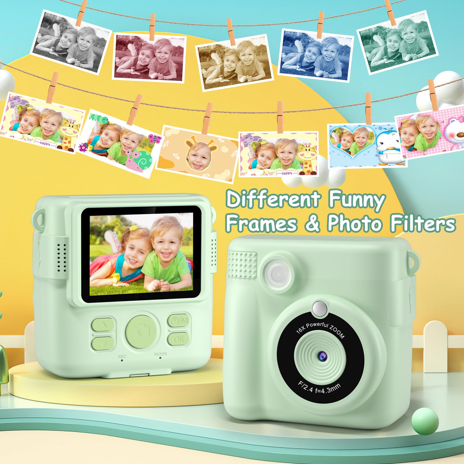 Macchina Fotografica Bambini Istantanea, GREENKINDER 2.4 Pollici/1080P Fotocamera Istantanea Bambini con 32GB Scheda e Carta da Stampa, Fotocamera Digitale Bambini per Ragazze Ragazzi da 3-12 Anni