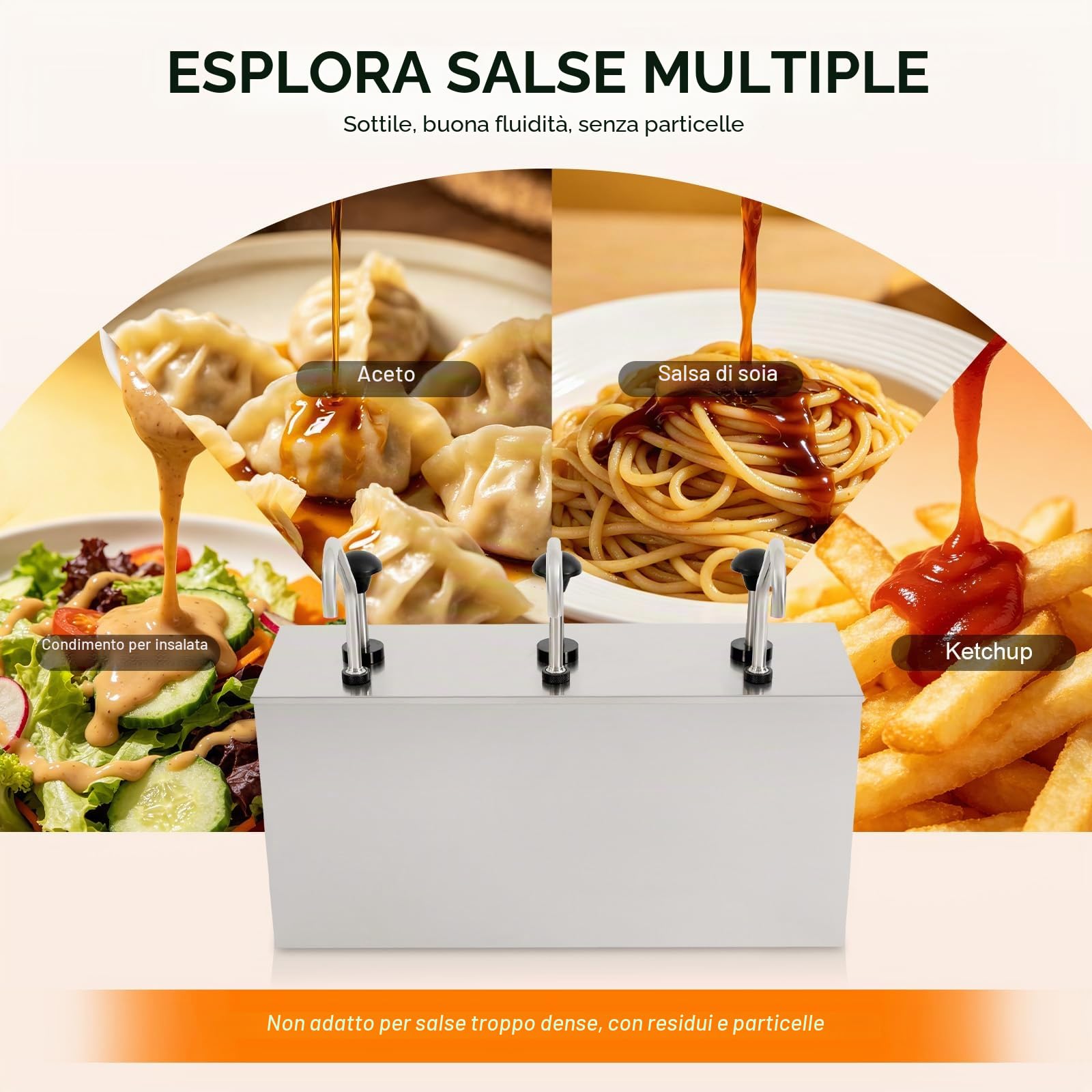 Pompa per Salsa a 3 Teste in Acciaio Inox, OT-TWYJ-2964-EU Distributore di Salsa da Banco con 3 Vasche da 4L, Pompa Erogatrice per Salsa di Soia, Aceto, Olio, Ideale per Cucina, Ristorante, Hotel