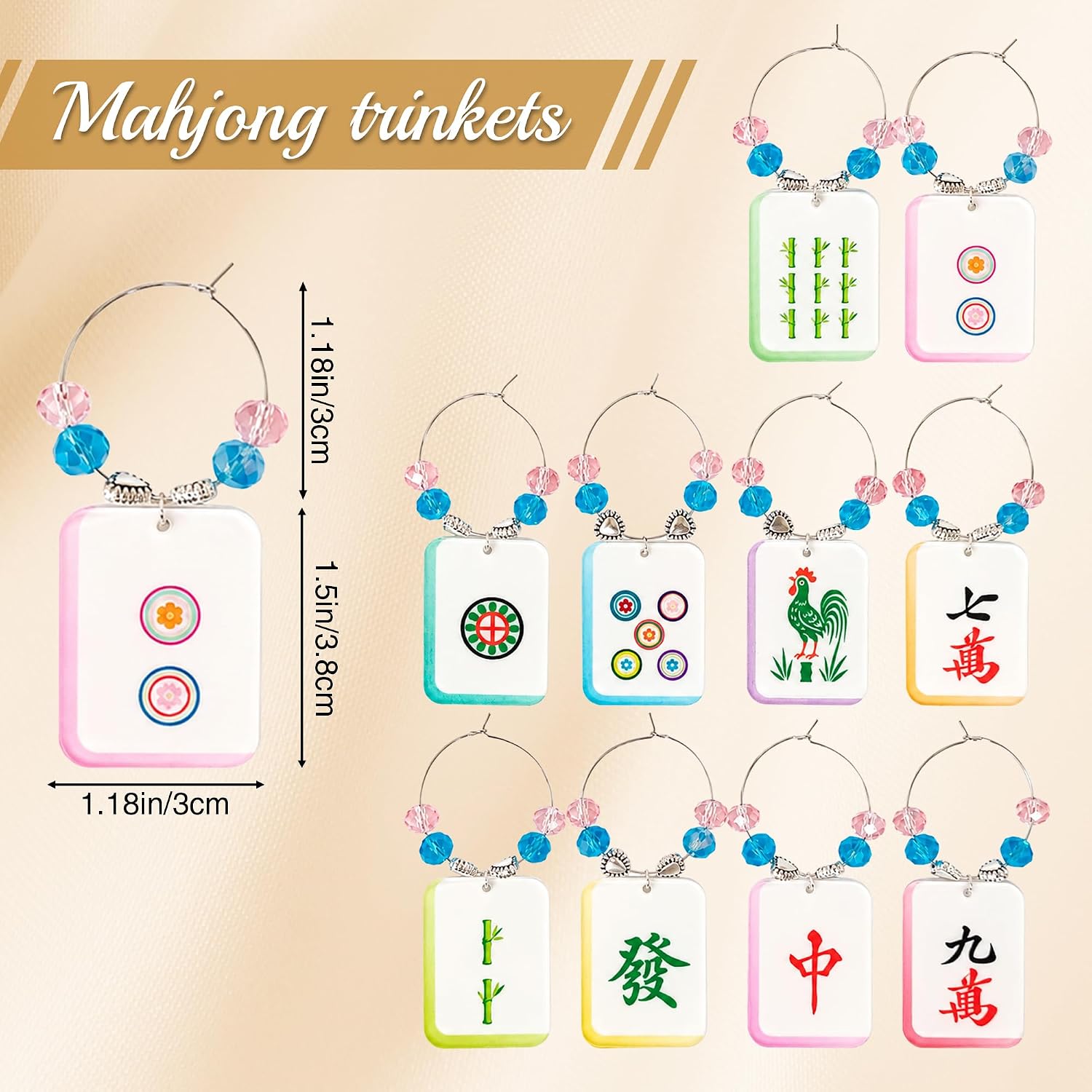 10 Pcs Mahjong Wine Charms, Wine Glass Charms for Stem Glasses