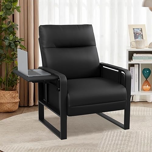 Miniatura 5 de Silla moderna negra tapizada de piel sintética con bandeja para dormitorio, sala de estar, silla de oficina