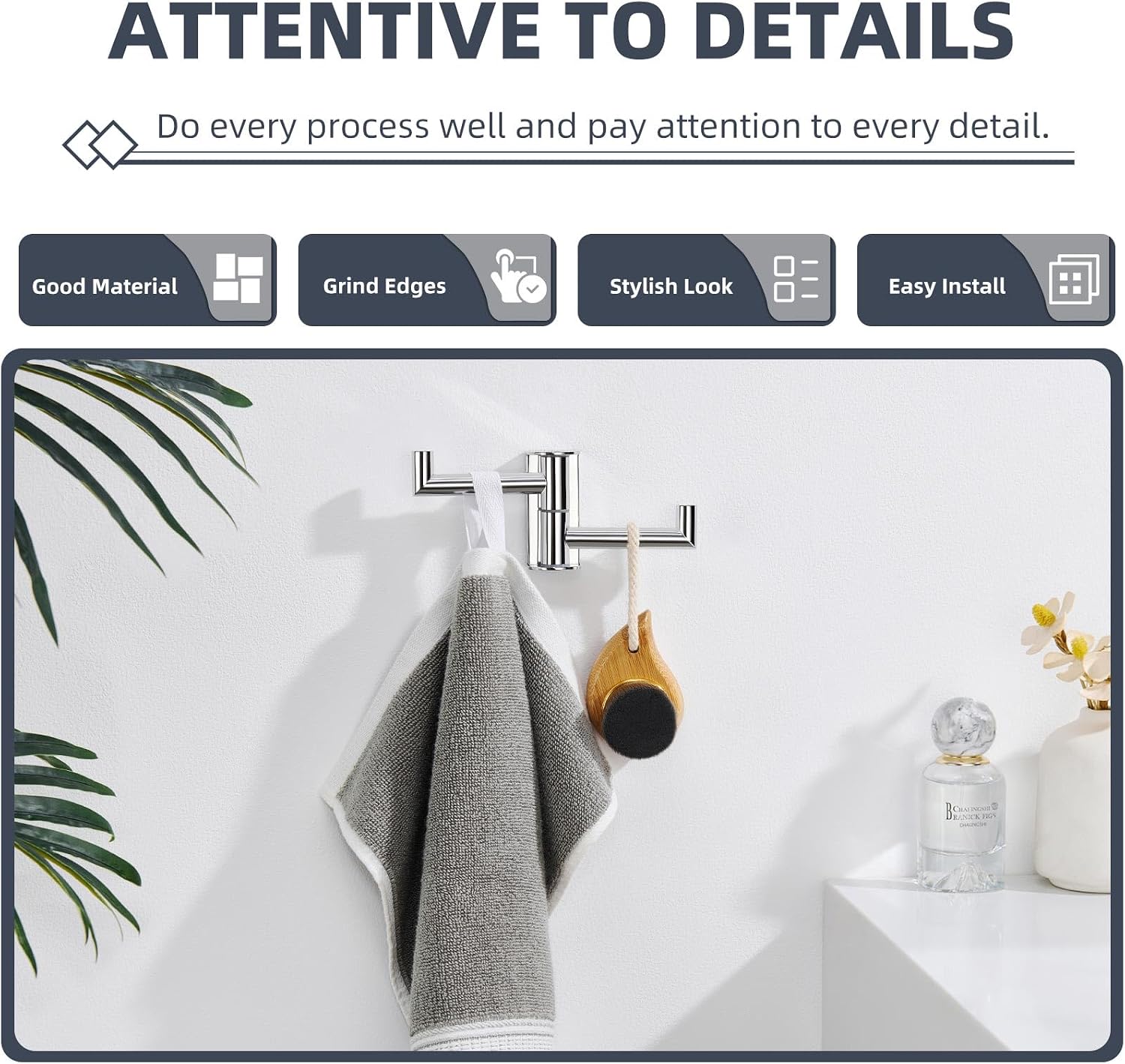 Suyar Polished Chrome Double Towel Hook, Swivel Robe Holder for Bathroom | Wall Hook with 2 Arms, SUS304 Stainless Steel, Screw Mount