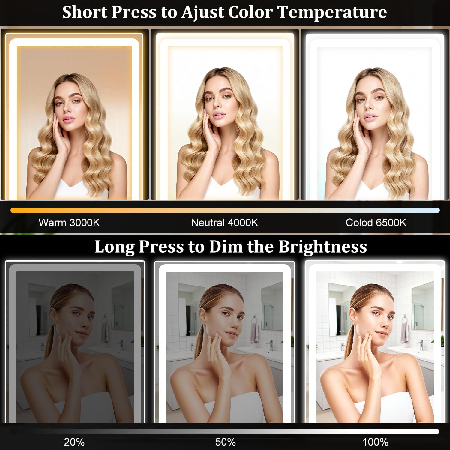 20 * 28" Led Vanity Mirror, Smart Light Up Shower Mirror Fogless, Make Up Wall Mirror with Lights, 3 Color Temperatures, Brightness Adjustment, Memory Function, Quick Installation