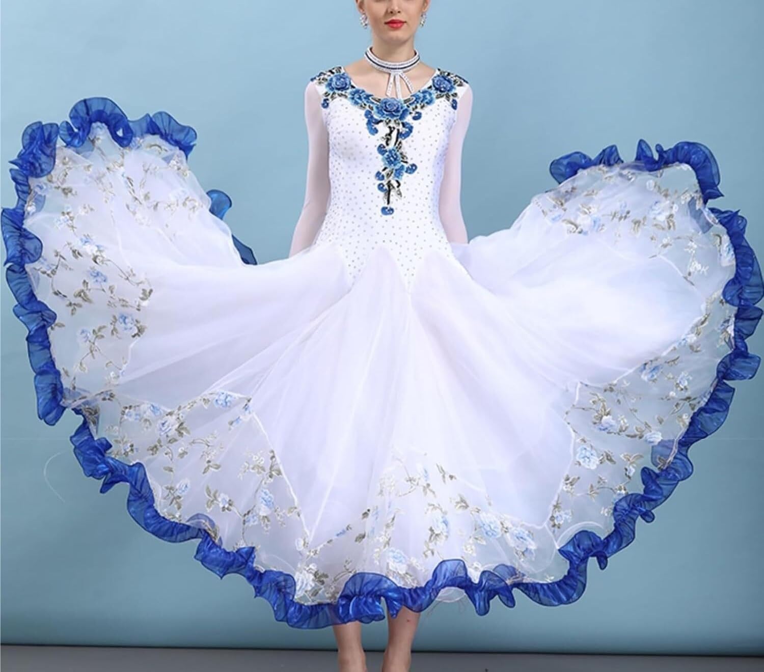 Women Special Neck Design Long Modern Smooth Waltz Standard Ballroom Dancing Dresses for Foxtrot Flamenco Dance