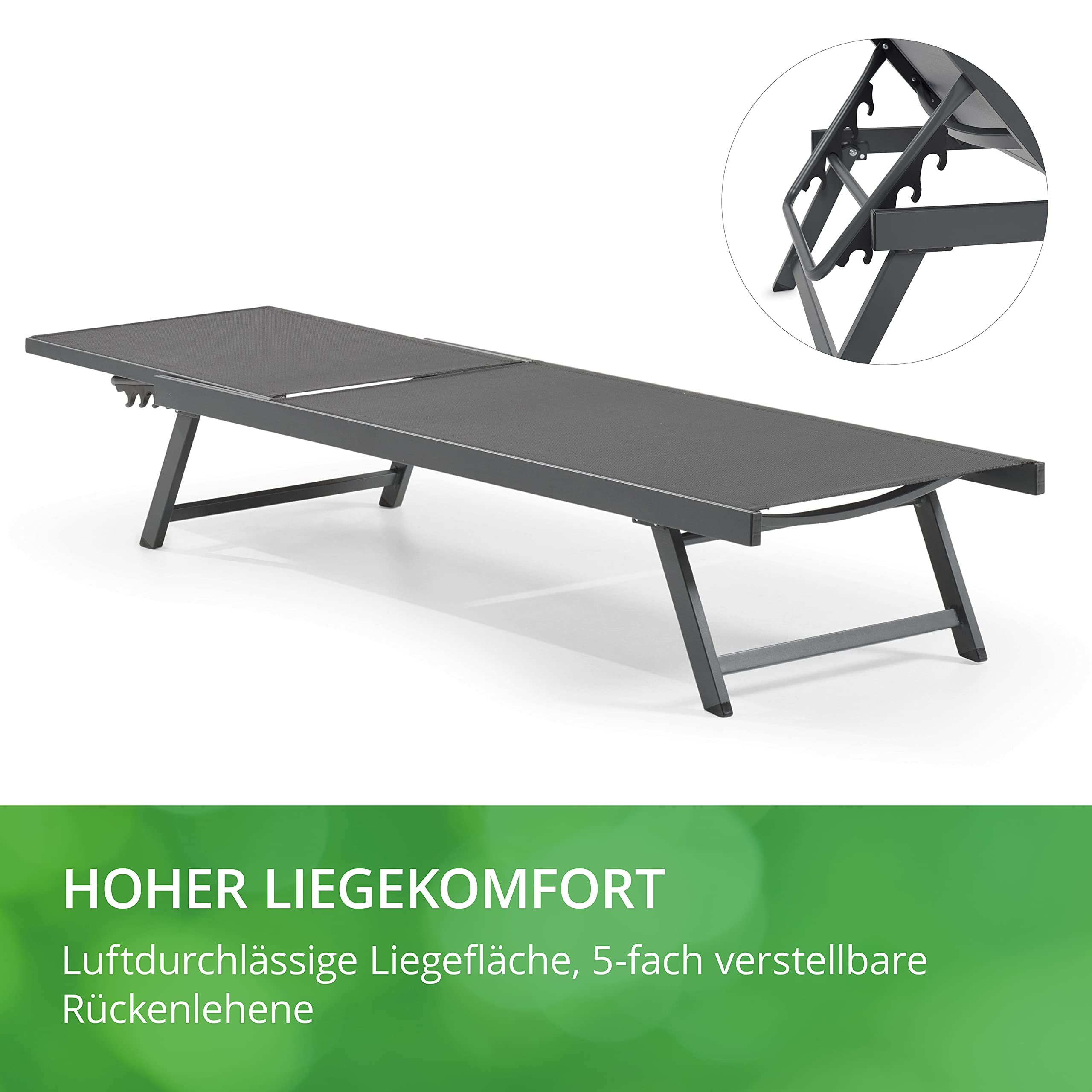 Leco-Sonnenliege Elina – Formschöne Aluminium-Gartenliege mit 5fach Verstellbarer Rückenlehne und einklappbaren Füßen – Gestell Anthrazit
