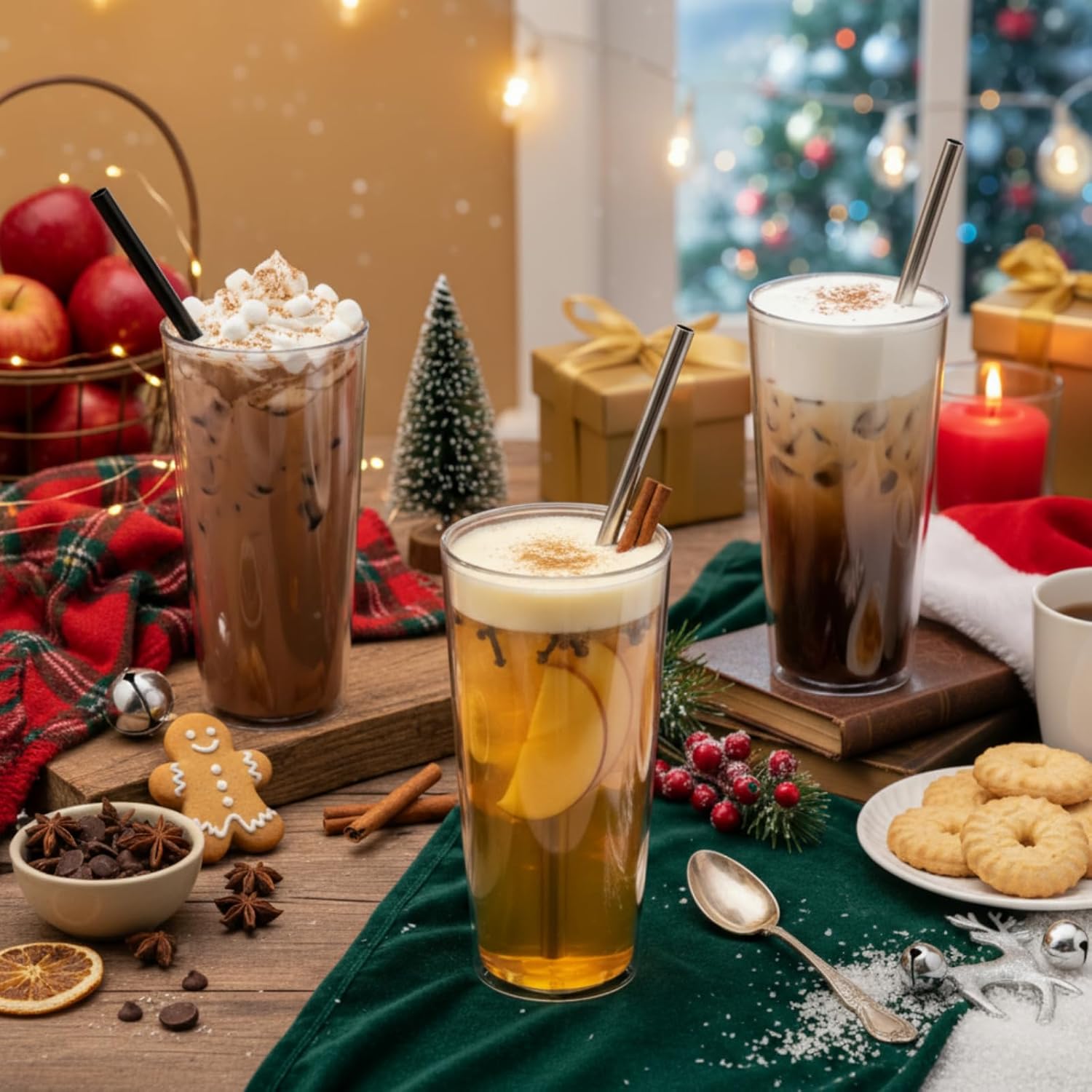 Honeydak 4 Sets 24 oz Reusable Iced Coffee Cups with Lids and Straws Leakproof Double Wall Insulated Clear Plastic Iced Coffee Tumblers with Straw Brushes (Black) - Image 2