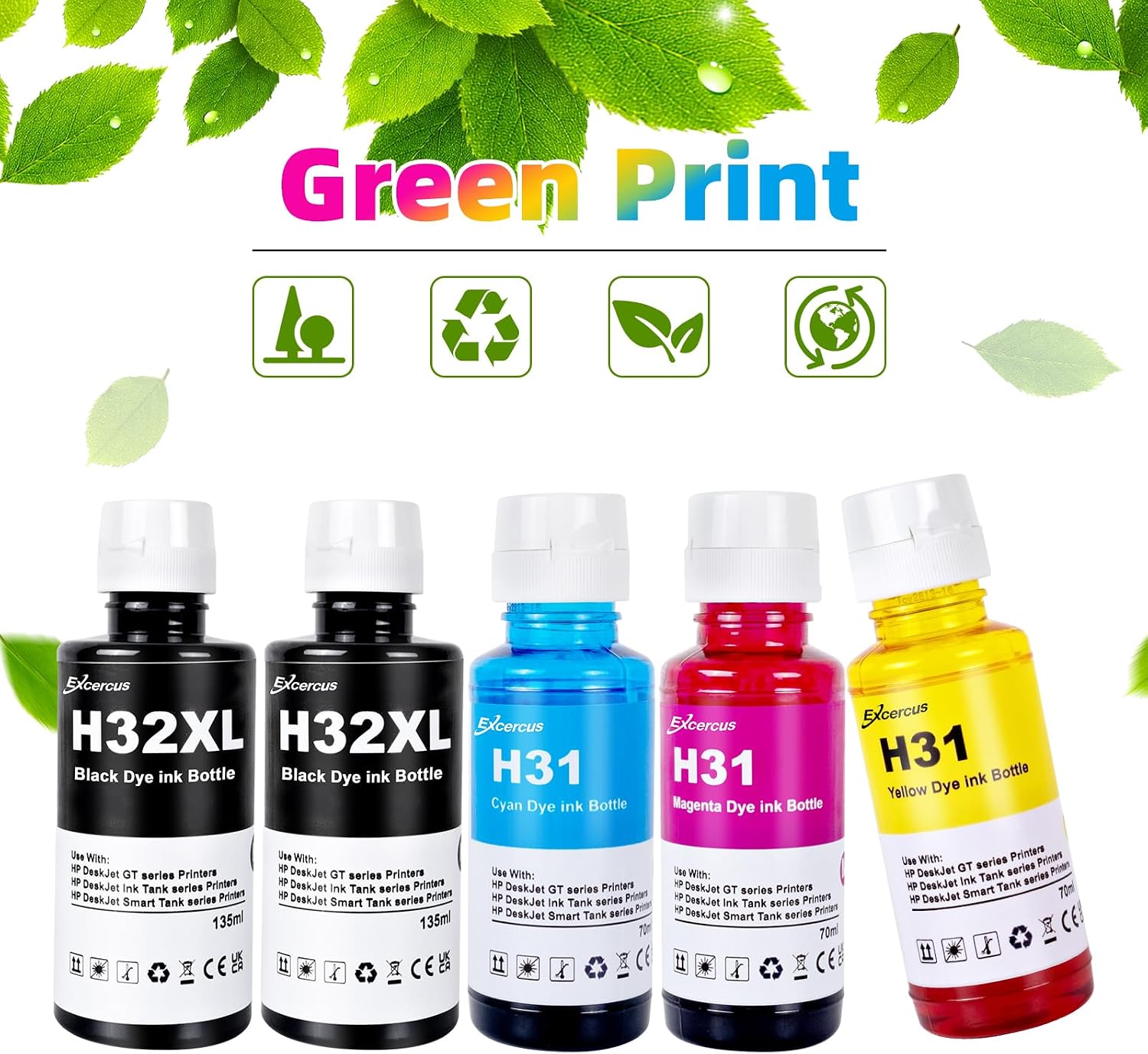 Ink Bottle 31 32XL 32 XL Compatible with HP Smart Tank 5000 5101 7301 6001 7602 5101 7001 551 555 651 455 457 450 Printers (2 135ML 32XL Black Ink, 70ML 31 Color Ink)