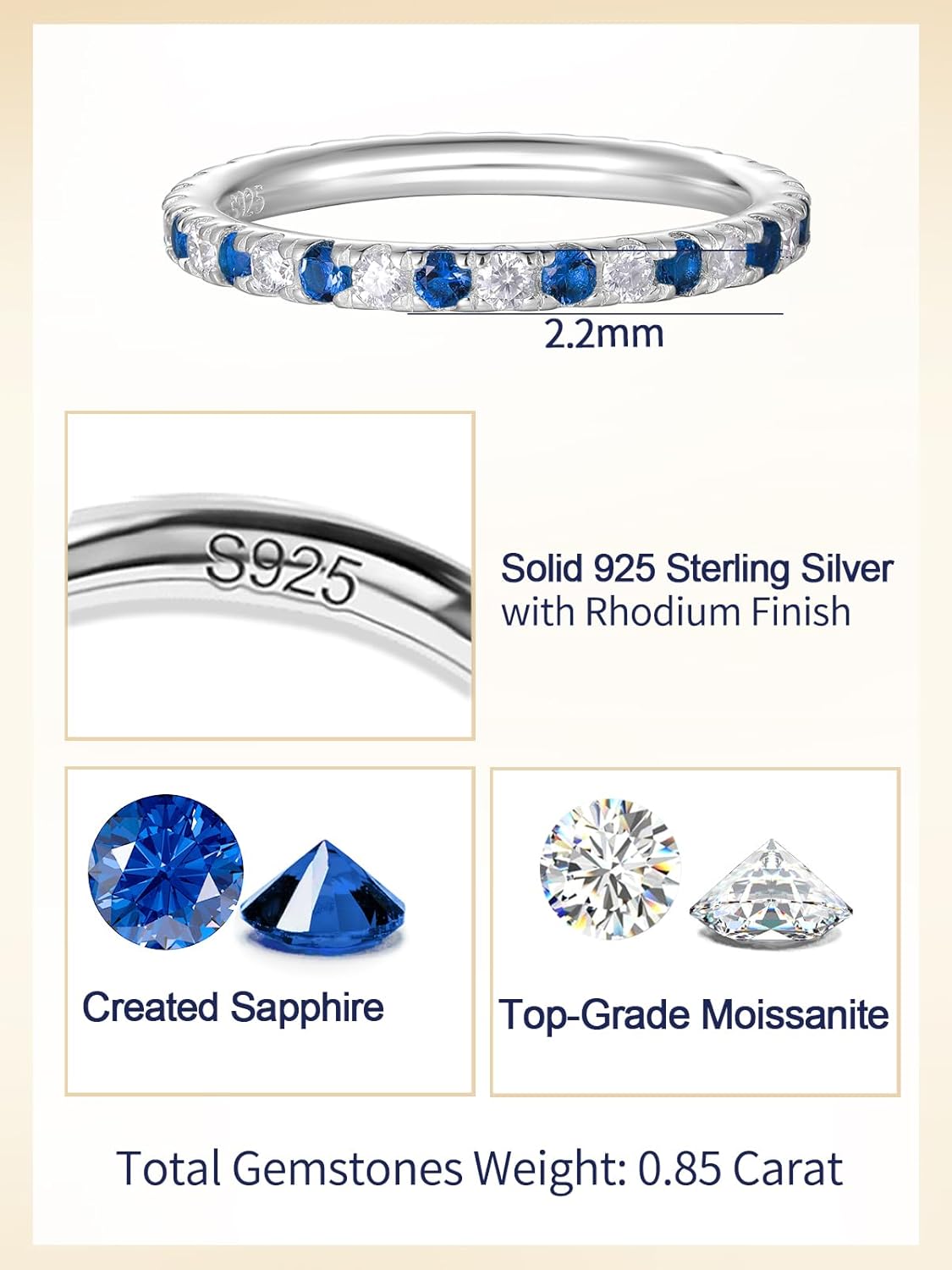 CYW Moissanite Sapphire Ruby Emerald Hand Setting Full Eternity Rings for Women, Solid 925 Sterling Silver, Stackable Ring, Wedding Birthday Valentines Anniversary Mothers Day Ideal Gift for Her - Image 6