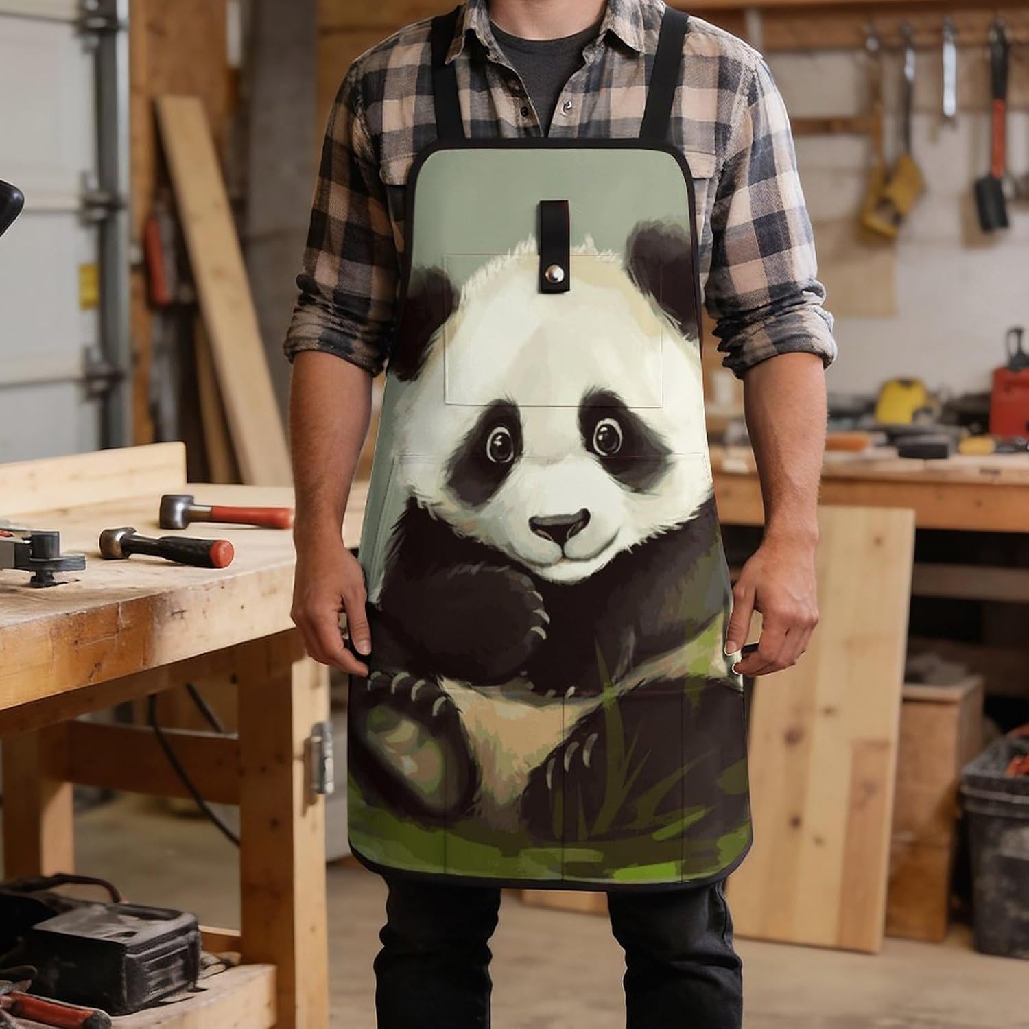 Cute Little Panda Tool Apron for Men Women Fully-Adjustable Work Apron with 8 Tool Pockets Heavy Duty Workshop Bib Aprons for Carpenter Woodworker Blacksmith Welder Cobbler Butcher image 5