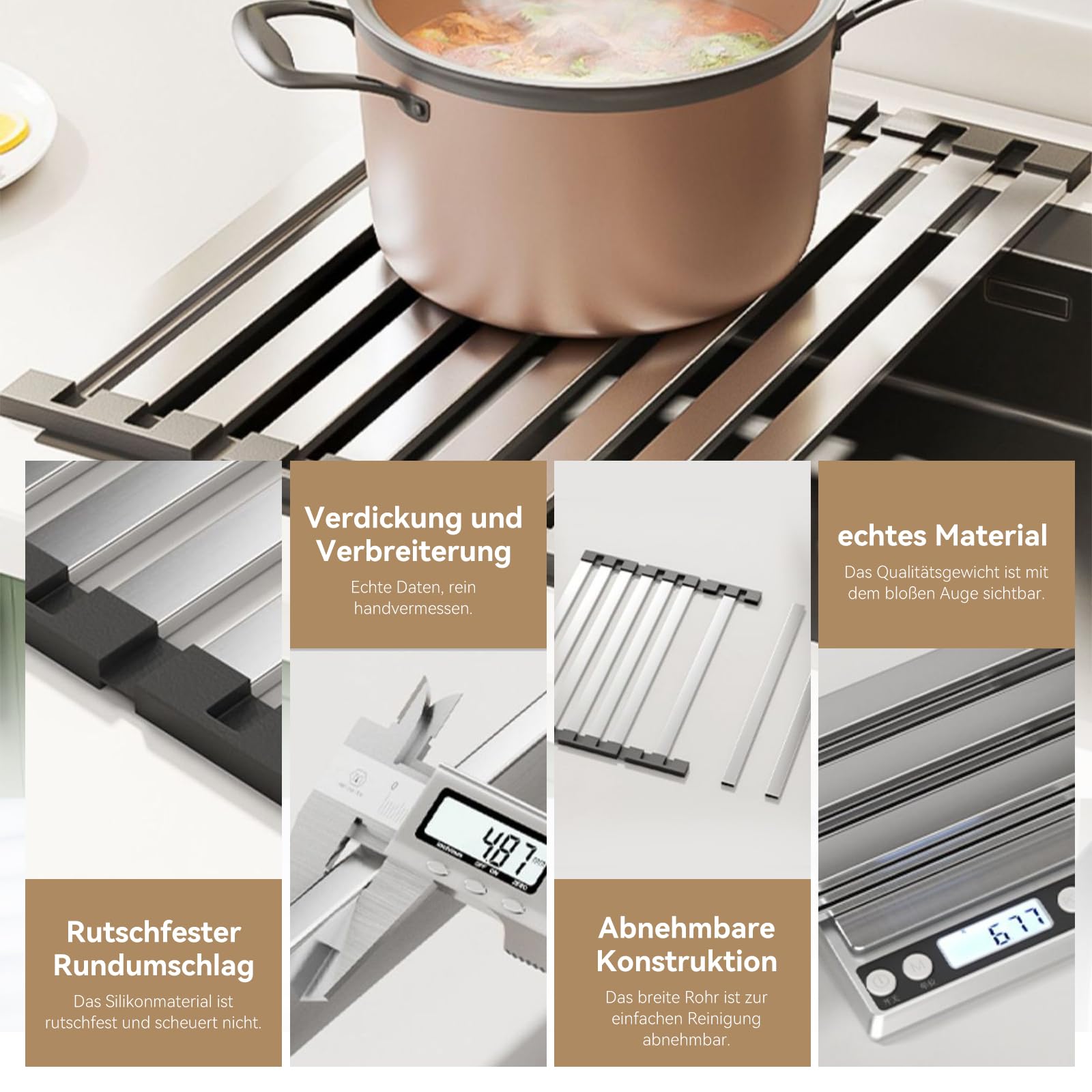 Scolapiatti in acciaio inox per la cucina sopra il lavello, scolapiatti arrotolabili, scolapiatti pieghevole, scolapiatti multiuso (50 x 32,5 cm)