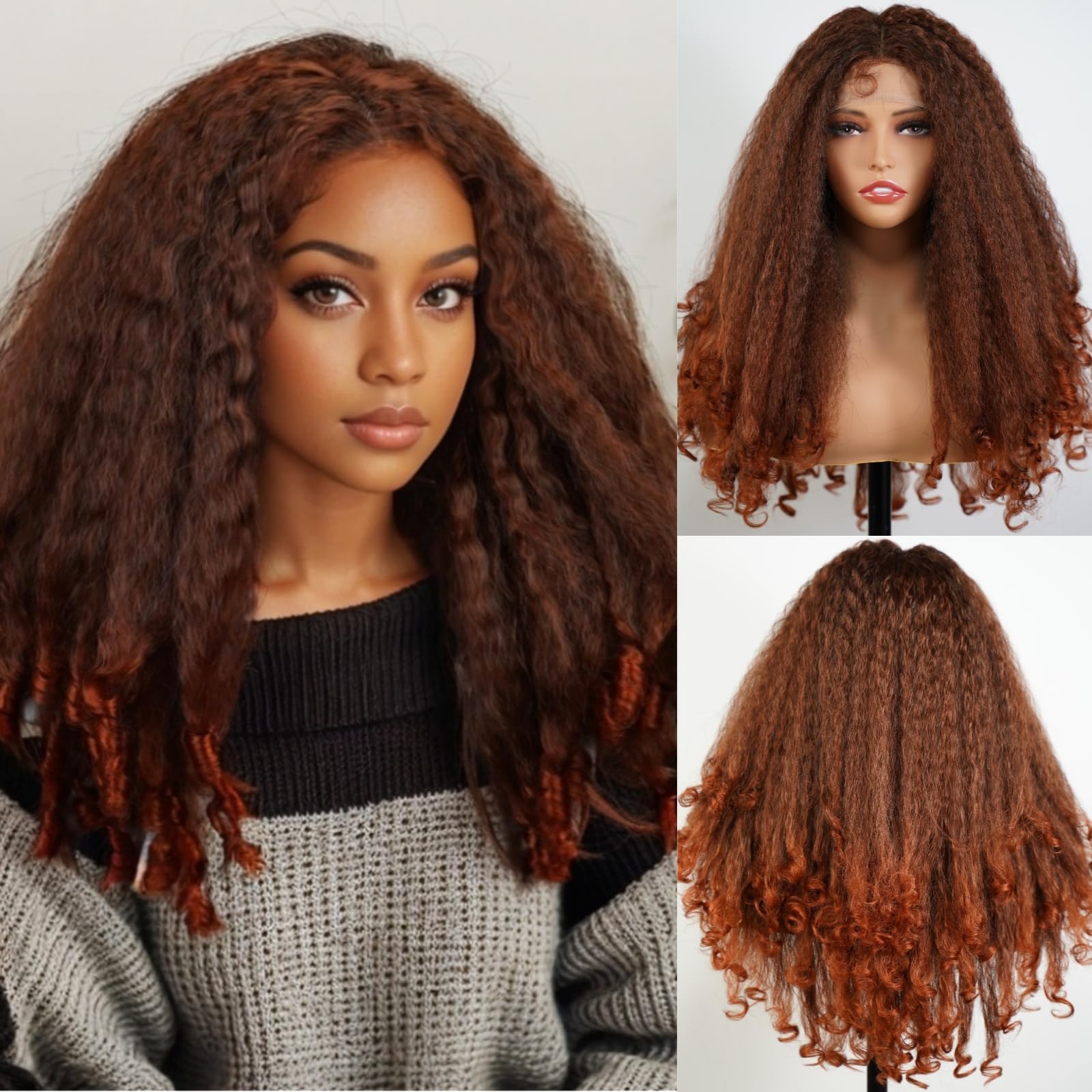 MISS FANCY Afro Curly Lace Front Wig for Black Women Copper Red Color Natural Synthetic Bouncy Wig Kinky Straight with Curly End Wigs T Part