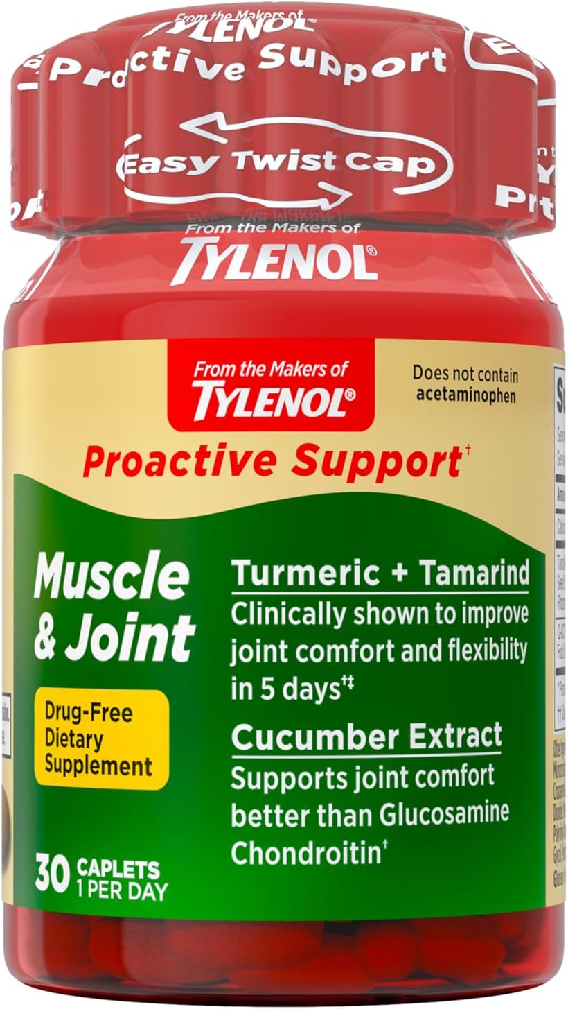Tylenol Proactive Support from, Muscle and Joint Supplements for Women and Men, Drug Free, Tamarind, Turmeric, Cucumber Extract to Improve Joint Comfort and Flexibility, 30‑Count, 1‑Month Supply