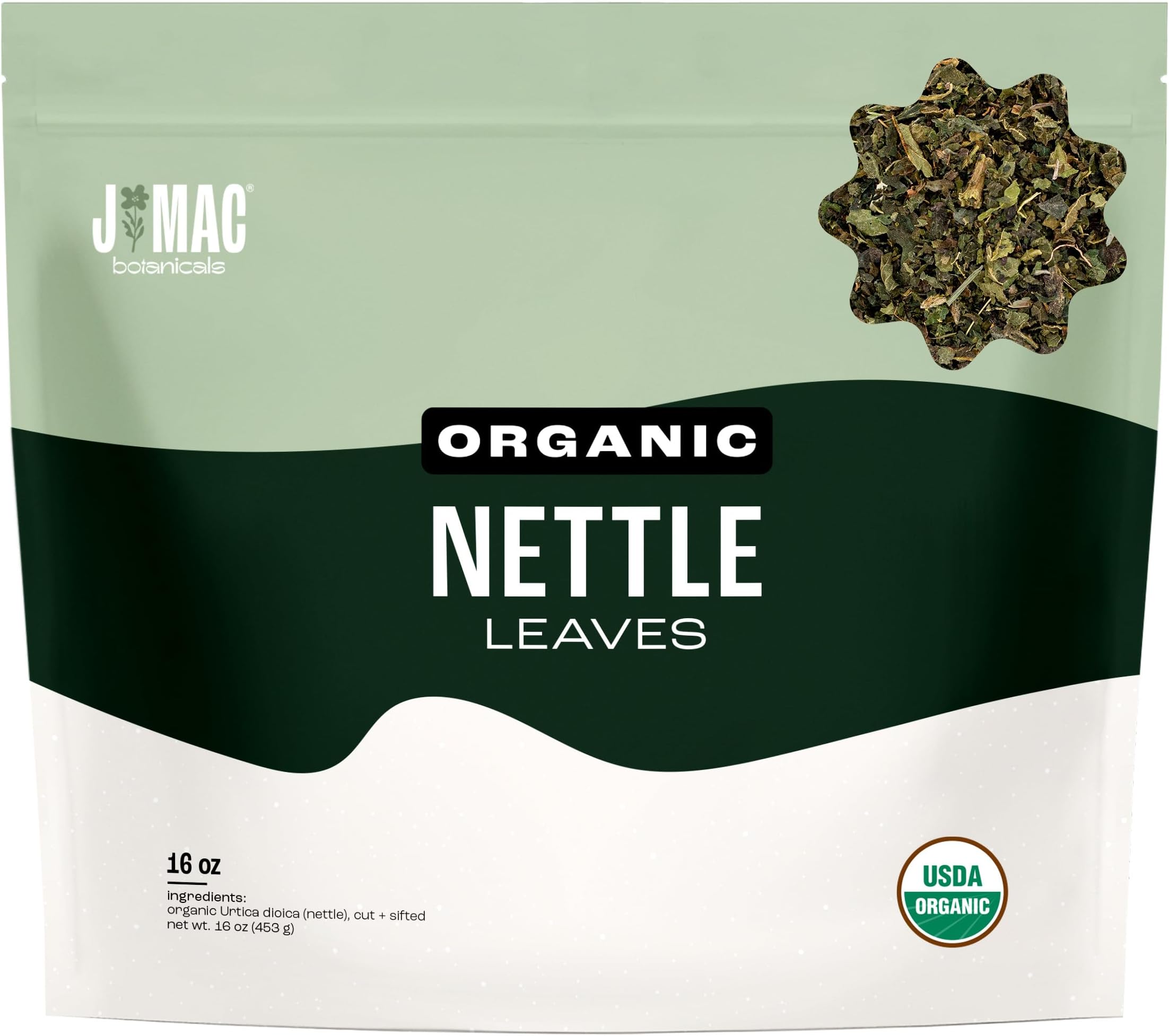 J MAC BOTANICALS Organic Nettle Leaf Herbal Tea - 16 oz (200+ Cups) Certified USDA Organic, Dried stinging nettle tea, 1 Pound Bulk Bag, Urtica dioica