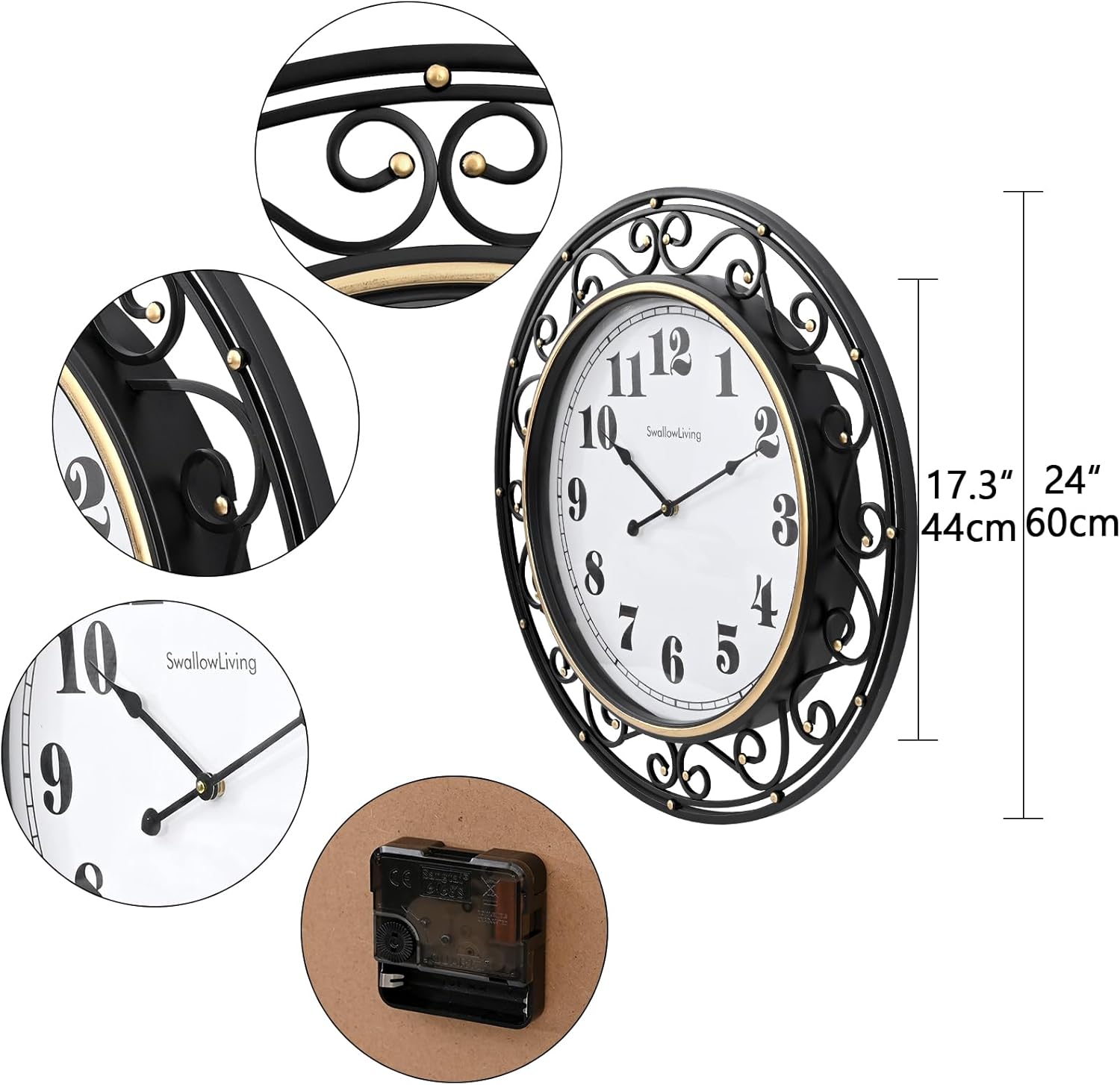 Condition photo showing New/Like New for swallowliving 24 inch vintage iron metal frame wall clock silent, battery operated, elegant retro decor for living room, kitchen, office, dining room, and bedroom black 24 inch