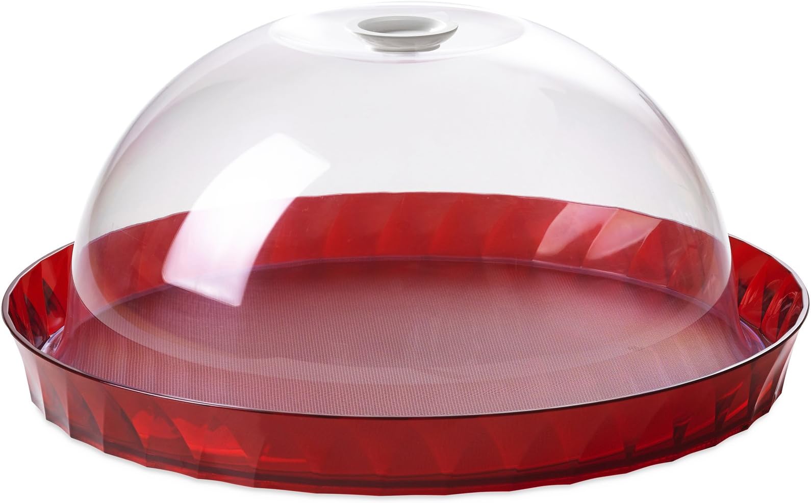 Omada Design Round Cake Tray Serving Display Platter with Dome Unbreakable, Diamond Line, Red