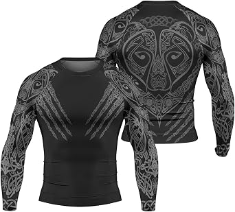 Viking Berserker Mens Rash Guard Shirts Long Sleeve, Baselayer Compression Shirt for Jiu Jitsu MMA