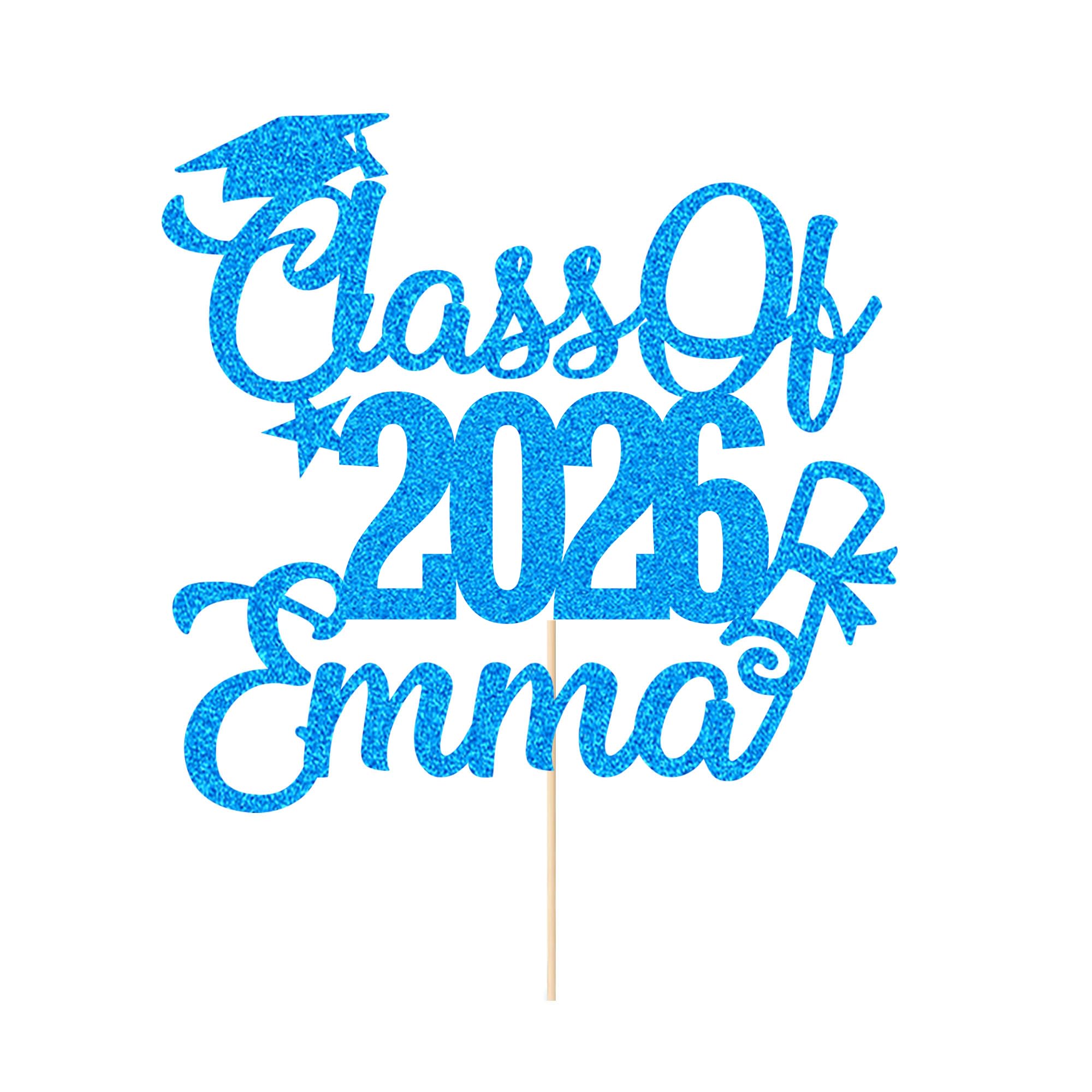 Personalised Cake Topper Custom Congrats Graduation Hat Student Class of 2026 Double Sided Glitter Card Blue