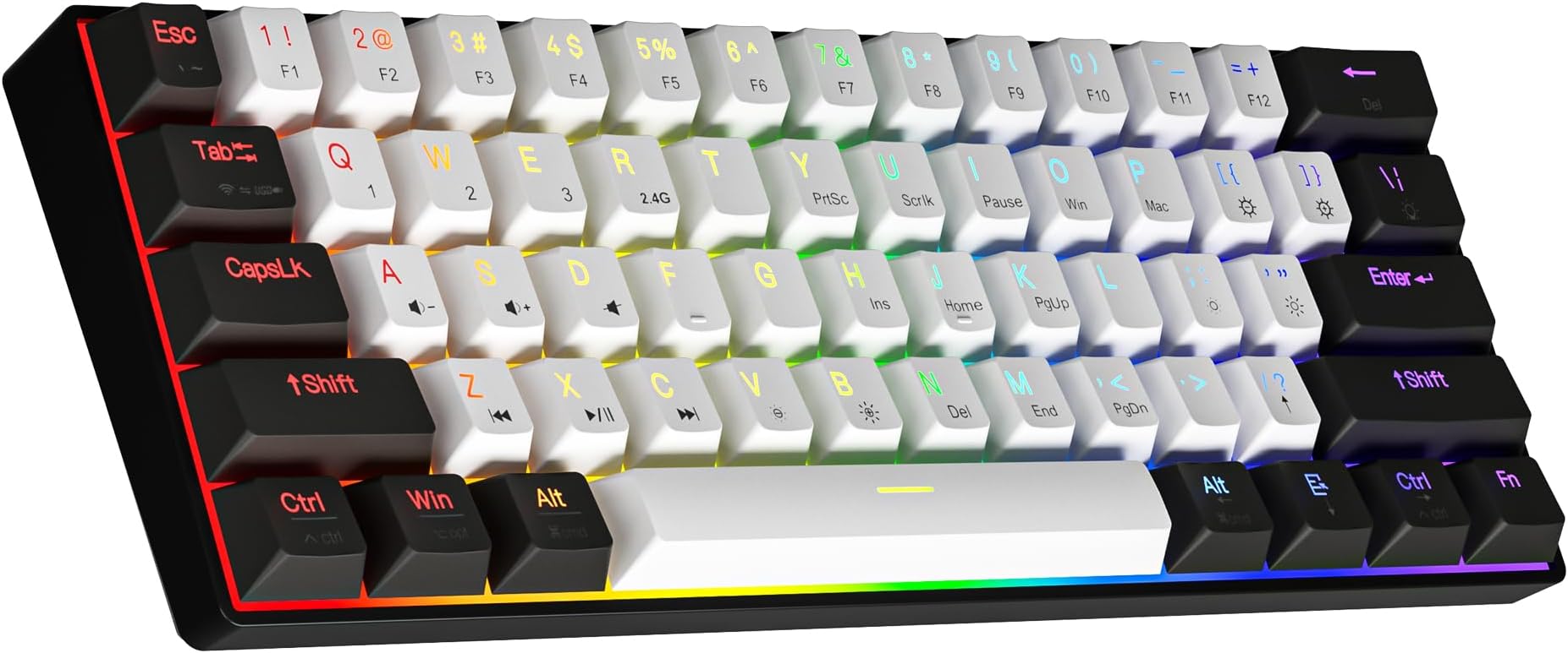 Newmen GM610 60% Wireless Mechanical Gaming Keyboard,Wired/Bluetooth/2.4G Keyboard,RGB Backlit,61 Anti-Ghosting Keys,Programmable,Hot-Swappable,for Windows Mac Android (Black-White/Red Switch)