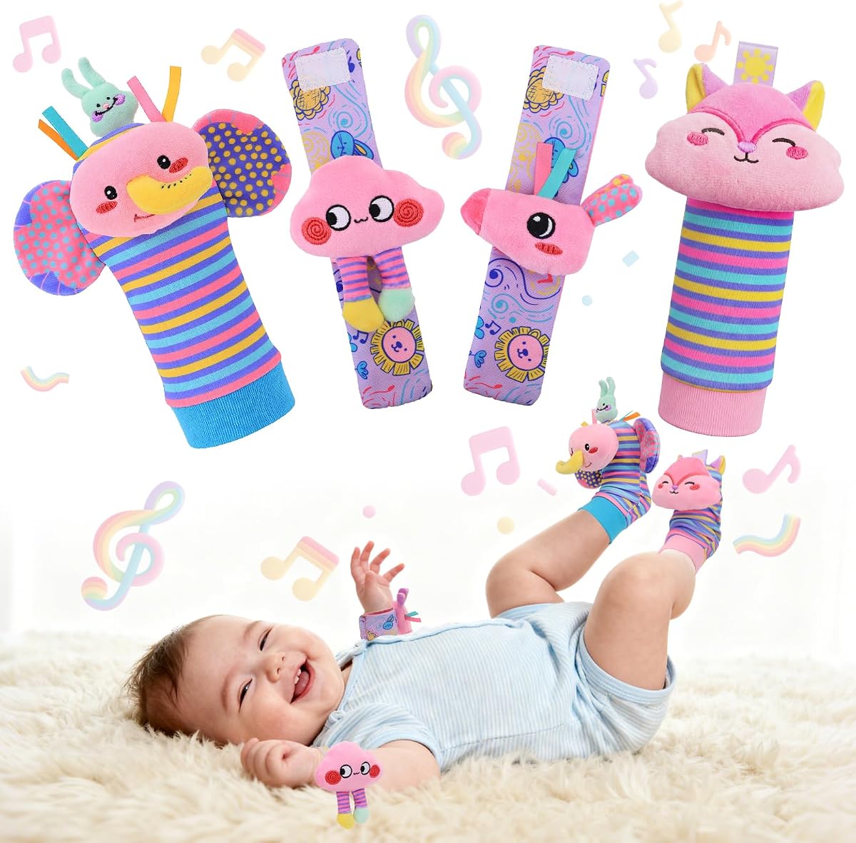 Baby Toys 0-6 Months, Rattle Socks and Wrist Sensory Toy for Infants | Socks and Foot Finder Set with Sound for 0-12 Months Newborn Essentials Toy, Baby Girl Shower Gifts - Pink