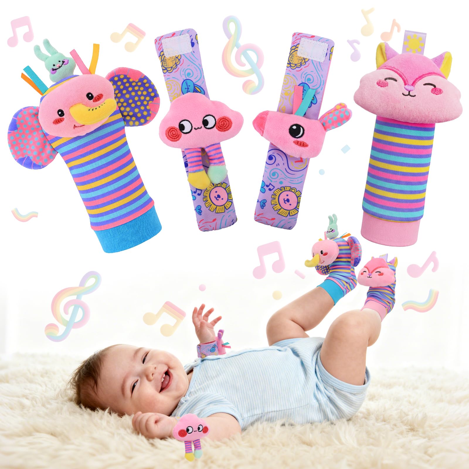 Baby Sensory Toys 0-6 Months, Wrist and Ankle Rattles Toys for Baby 0-3 Months