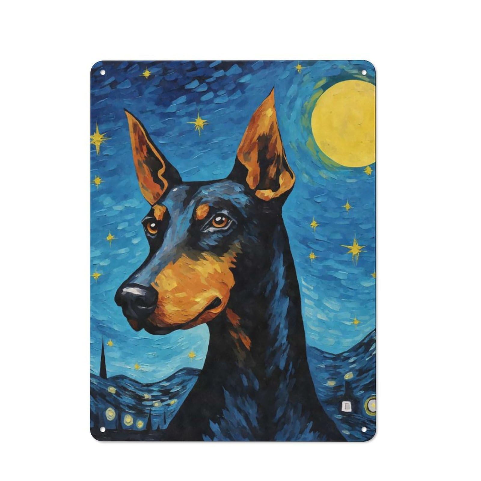 Junmoney Style-11 Bistro Style Bistro Metal Sign 40X30cm Featuring Dobermann Dog Starry Night, Shop Wall Decor For Takeaway, Bar, Kitchen Or Counter Area