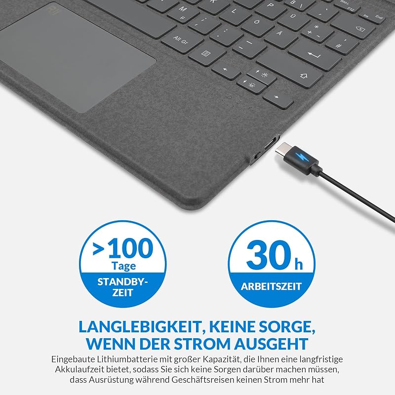 Rii Surface Bluetooth Billentyűzet Touchpad-del Surface Pro 9/8/X-hez, 7 Színű Háttérvilágítás, Szürke QWERTZ