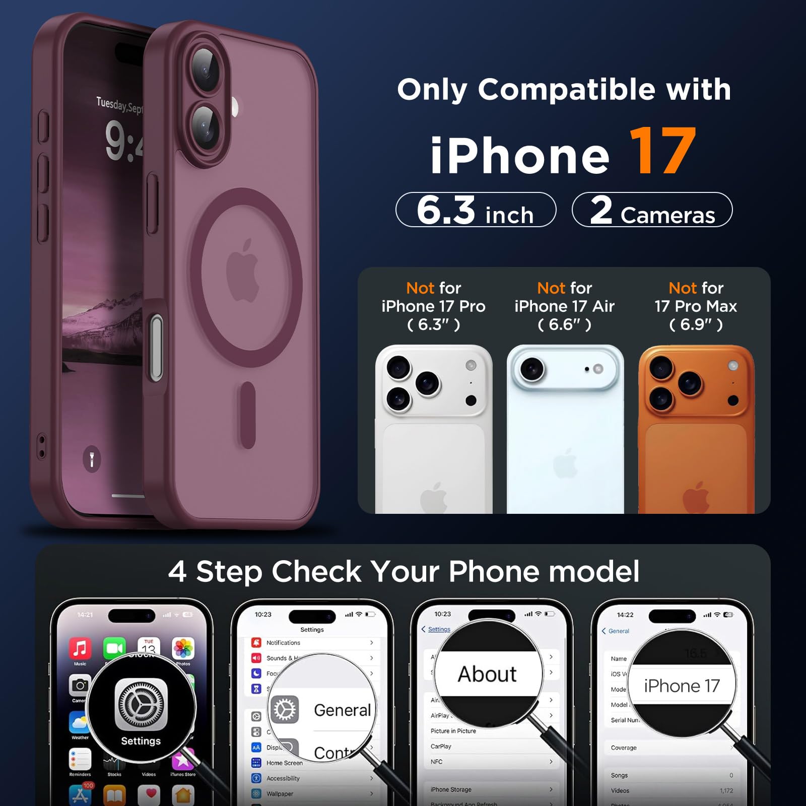 Oududianzi-Coque pour iPhone 17 Compatible avec MagSafe Magnétique, Housse de Arrière Translucide Givrée PC, TPU Silicone Bumper Étui Protection Antichoc Militaire Anti-Empreintes-Bordeaux