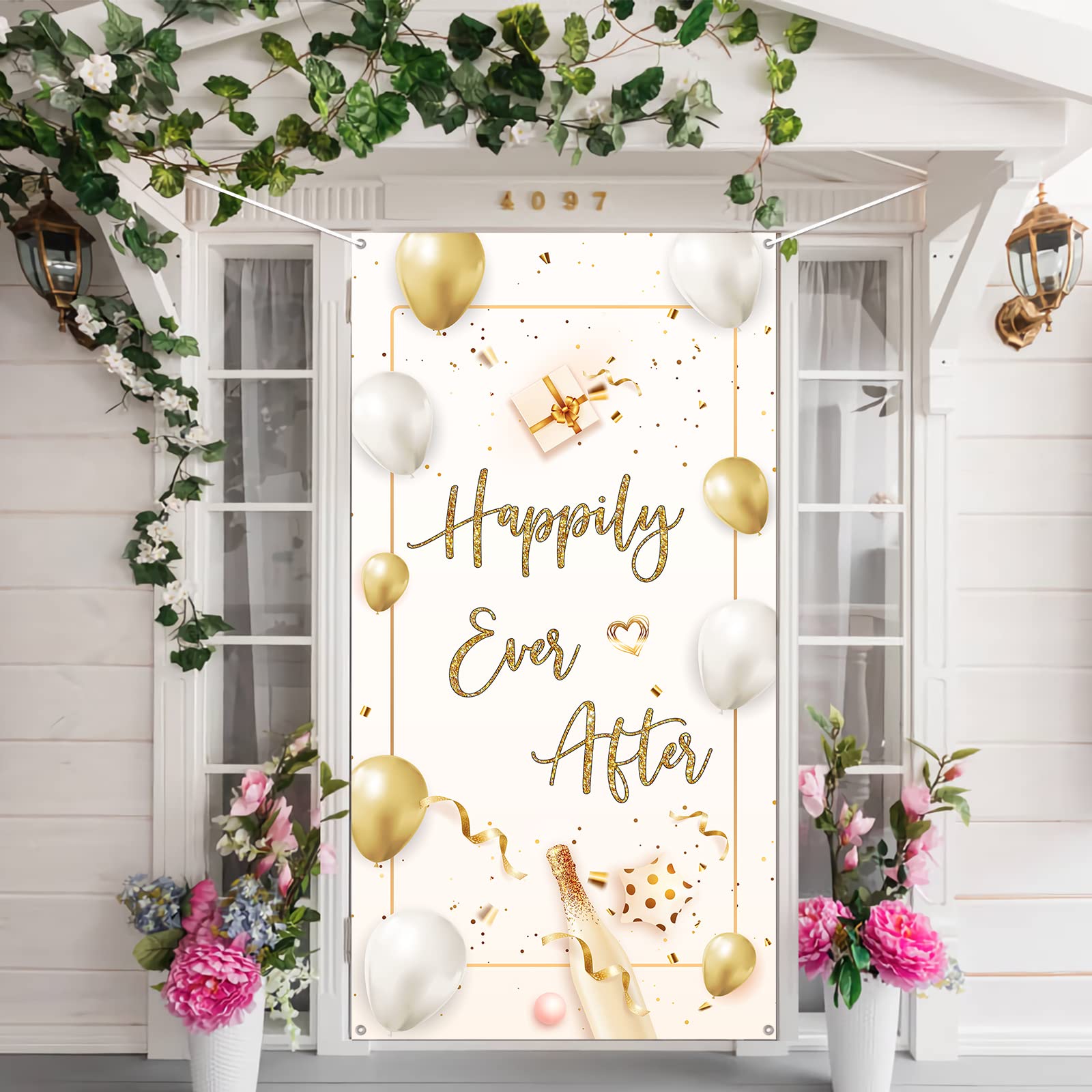 INNORU Happily Ever After Door Banner Decoration, Wedding Party Door Cover Decor, Engagement Porch Sign, Retirement Party Photo Booth Backdrop