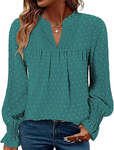 BETTE BOUTIK Boho Shirts Womens Long Sleeve Plus Size Crochet Blouses Dressy Casual Fall Winter V Neck Loose Western Flowy Tops Babydoll Chic Cute Shirt Azure 3X