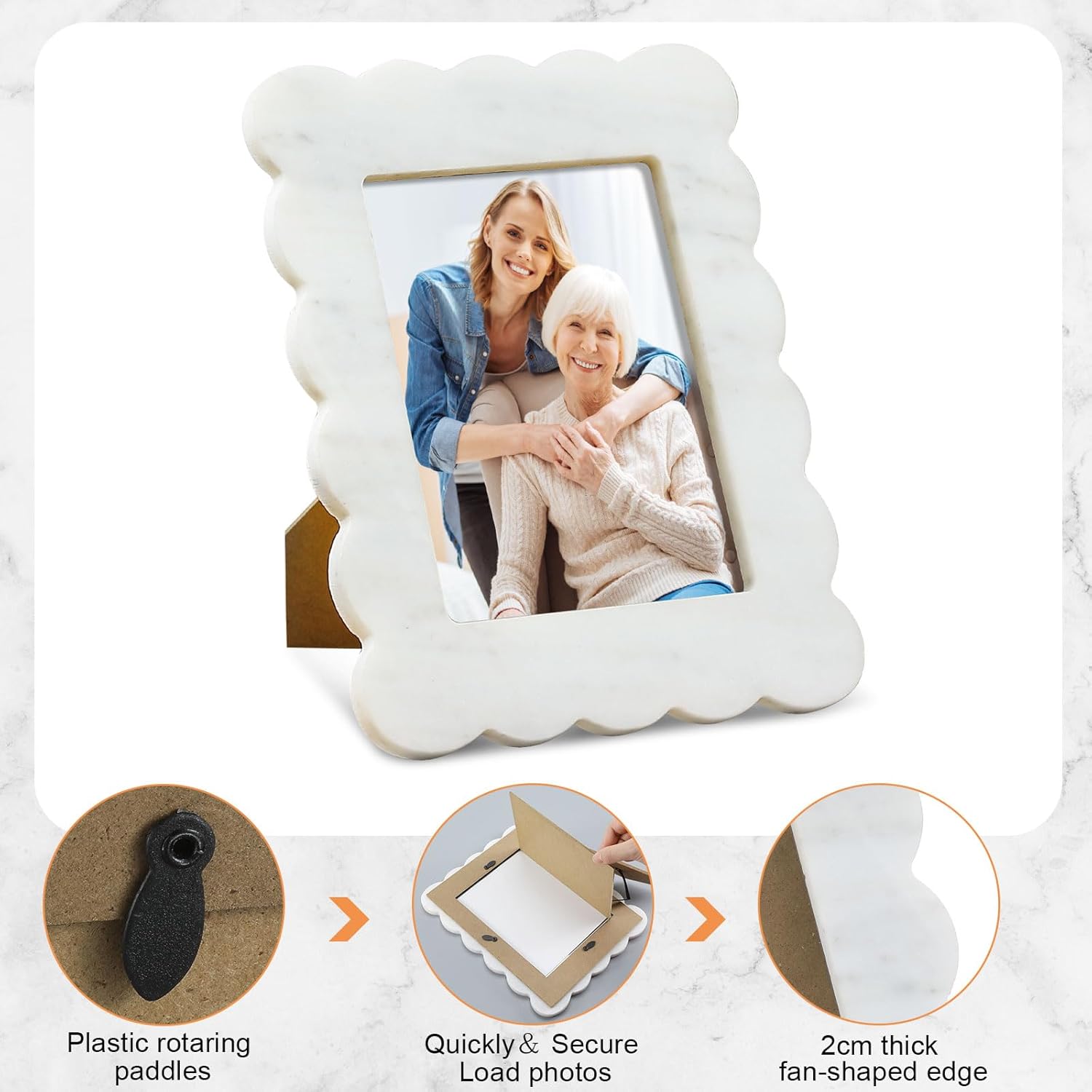Yalikop Scalloped Marble Picture Frame Display Photos Tabletop Display White Frame Home Picture with Acrylic Transparent Board Decor for Bookshelf Table Home(5 x 7 Inches)
