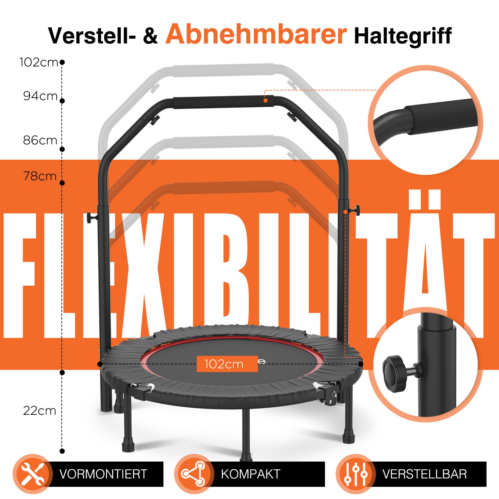 DH FitLife Fitness Indoor Trampolin klappbar mit vormontierter Sprungmatte | Ø102 cm 40 Zoll Mini Trampoline | 150 kg belastbar | 4-Fach Verstellbarer Handgriff | stabil & leise