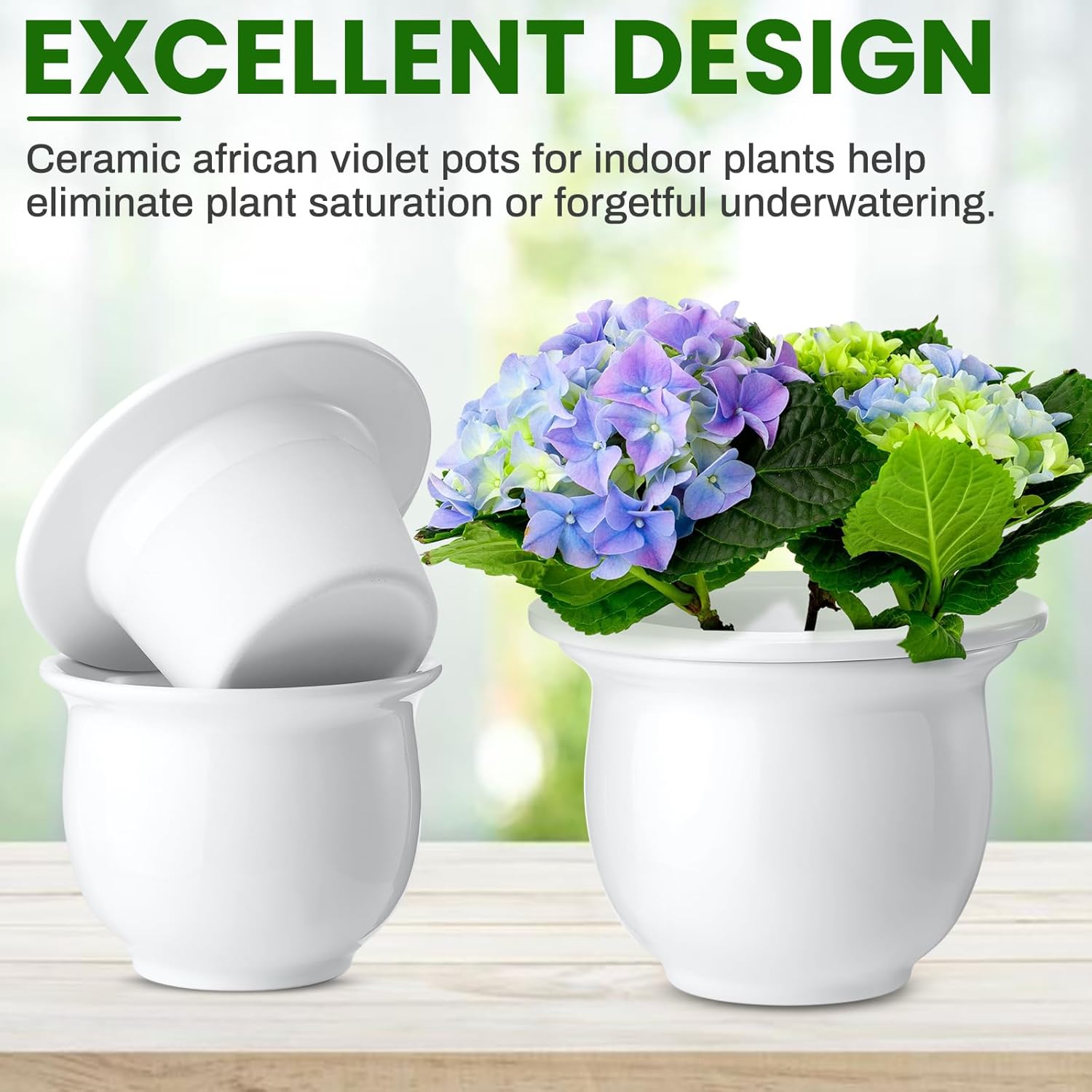 Suclain 2 Pack Ceramic African Violet Pots Self Watering Plant Pot Effortless Self Watering Plant Flower for Busy Lovers, Indoor(White,6.5 Inch)