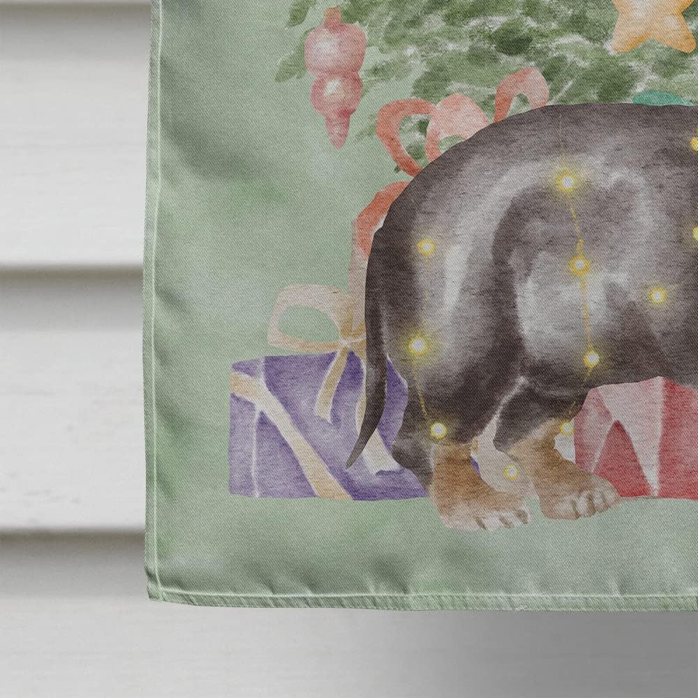 Caroline's Treasures CK8205CHF Dachshund Black Tan Puppy Christmas Presents and Tree House Flag Large Porch Sleeve Pole Decorative Outside Yard Banner Artwork Wall Hanging, Polyester, House Size, Mult