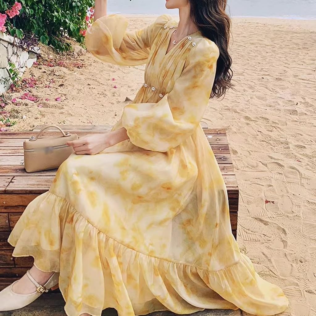 Abito Donna Francese con Stampa Ombre, Abito Lungo da Spiaggia con Volant E Scollo A V Primavera/Estate, Maniche A Palloncino/Vita Alta
