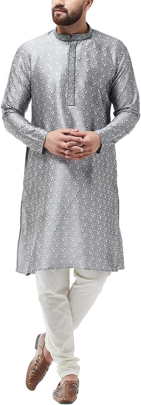 Size XL 42 Color Silver and white pants Sojanya (Since 1958 Men'S Silk Blend Gold Kurta And Off White Churidar Pyjama Set