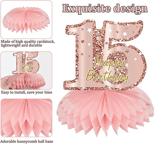 Miniatura 47 de Centros de mesa de cumpleaños de color oro rosa rosa para mujeres y niñas, 8 piezas de centros de mesa de feliz cumpleaños, suministros de fiesta