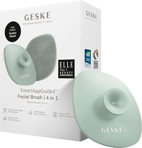 GESKE SmartAppGuided™ Facial Brush | 4 in 1 | professional facial cleansing brush with handle | skin cleansing soft silicone facial brush | routine skincare | gentle cleansing | facial cleanser