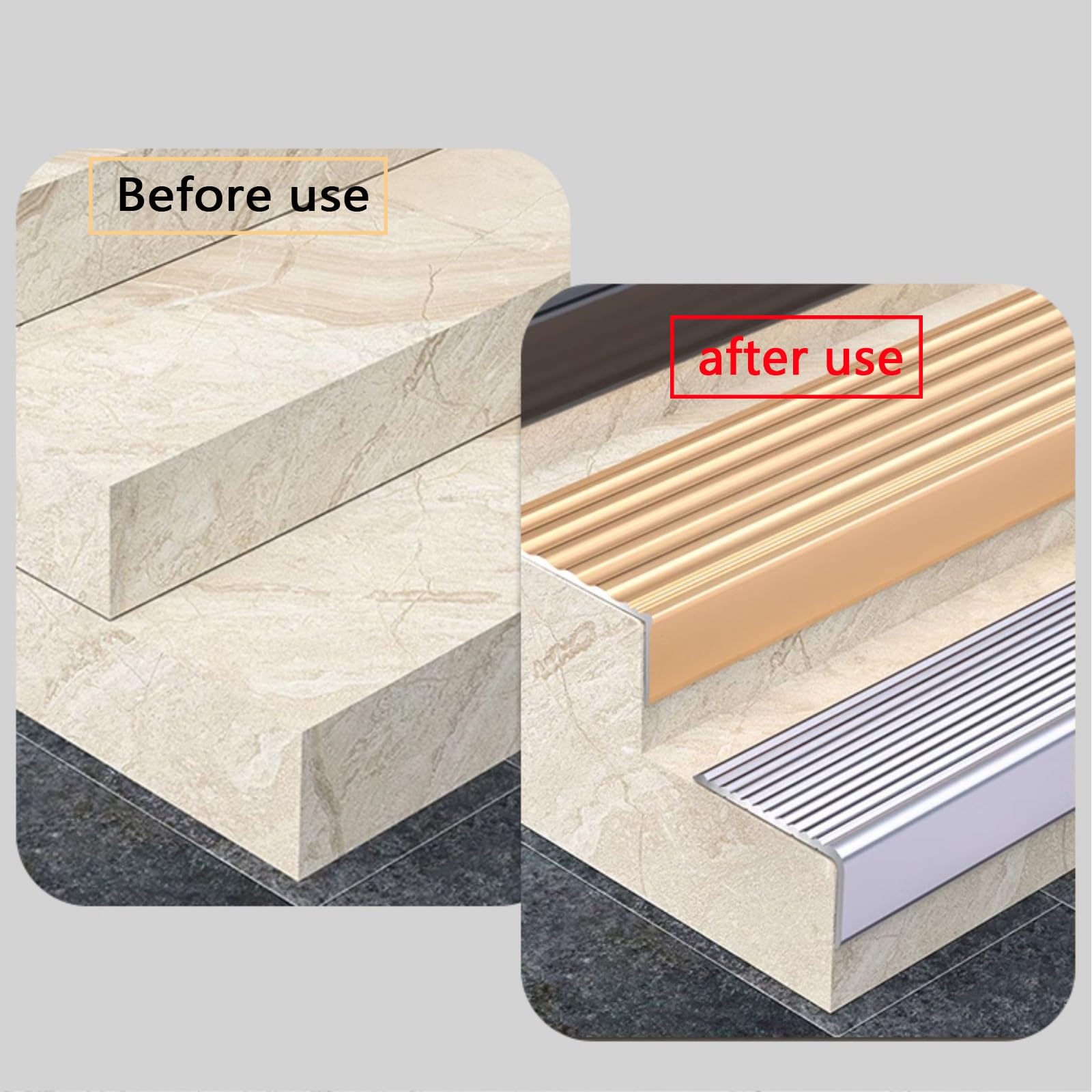Grau Treppenrand Nase Trim -L-Form Aluminium Treppe Schritt Laufstufen 90cm，mit Anti-Rutschstreifen,Erheben Sie Ihr Wohnzimmer Treppe Design(Gold,90cm L 100mm*30mm)