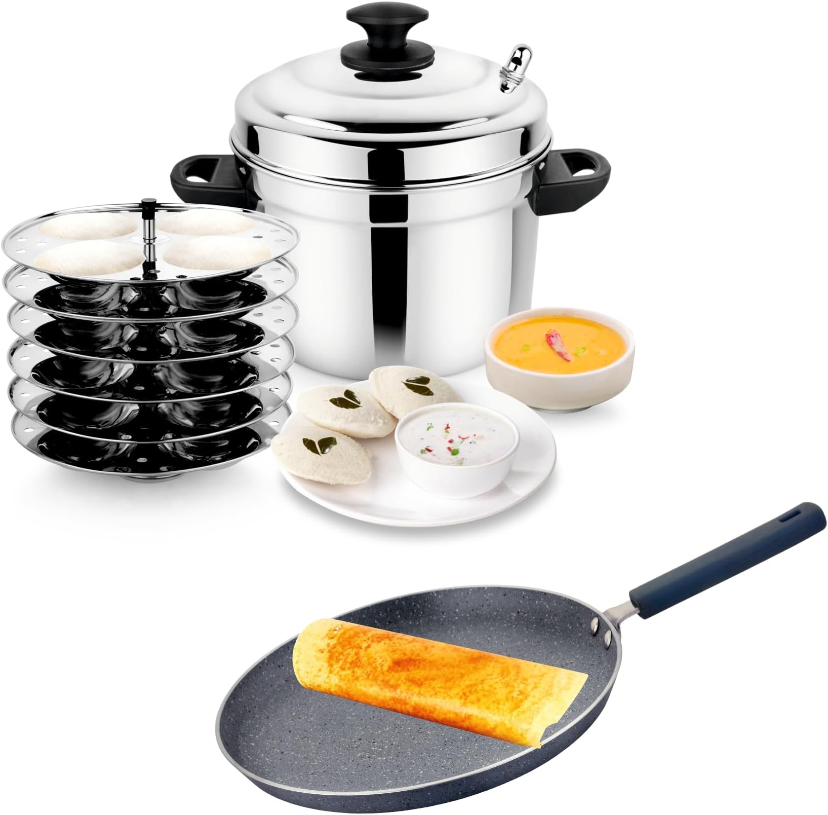Prabha Stainless Steel 6 Plate Idli Cooker & Stella Marble Coating Dosa Tawa 28cm | Ceramic Dosa Tawa Non-Stick | Kitchen Cookware Steamers Idli Makers | Idly Maker 6 Plates Compatible with Induction and Gas Stove