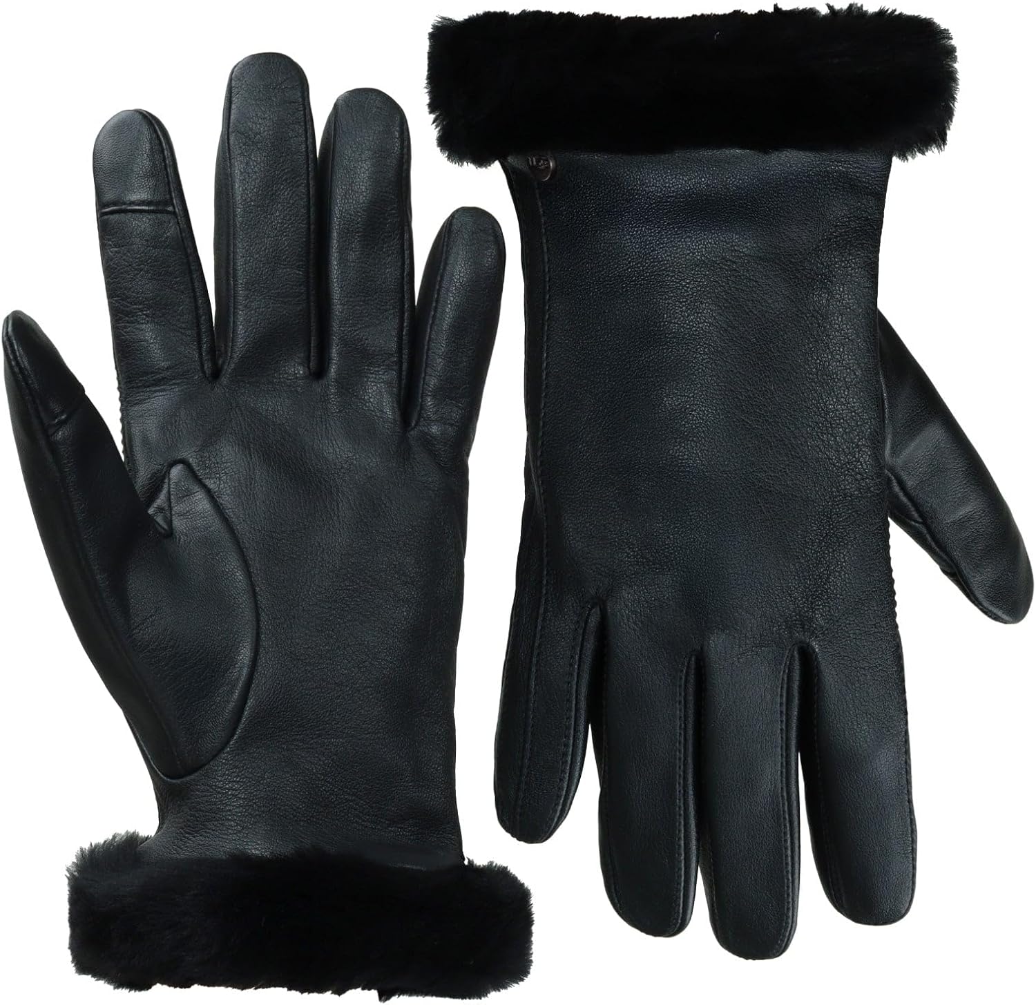 UGG Women’s Sheepskin Cuff Gloves with Touchscreen Fingertips, Genuine Leather Exterior, Fur Trim, and Logo Detail