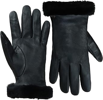 UGG Womens Sheepskin Cuff Gloves with Touchscreen Fingertips, Genuine Leather Exterior, Fur Trim, and Logo Detail