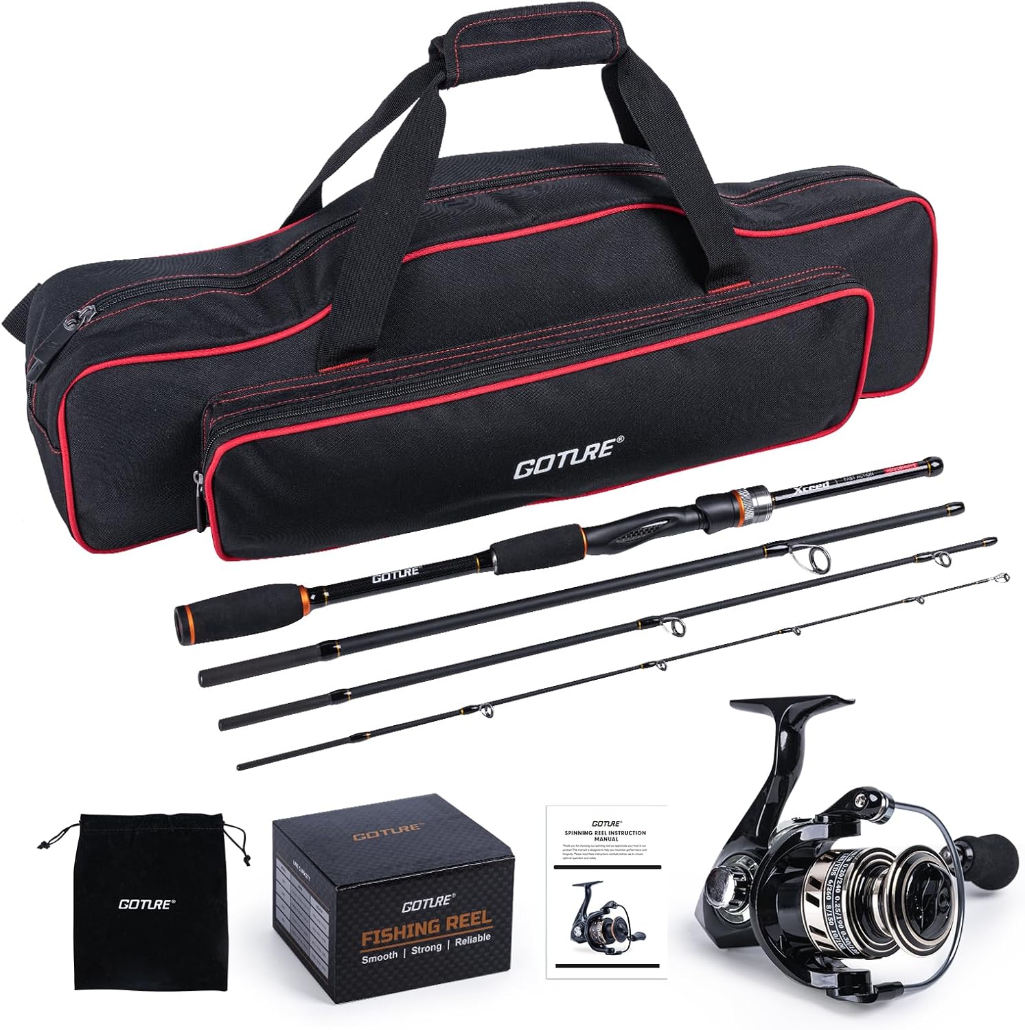 Goture Spinning Fishing Rod & Reel Combo with Carrier Bag,6.6-9FT,Spin Reels, Lures Kit, Pliers, Braided Line, Fish Gripper, Carbon Fiber Freshwater Fishing Rod Full Kit for Starter