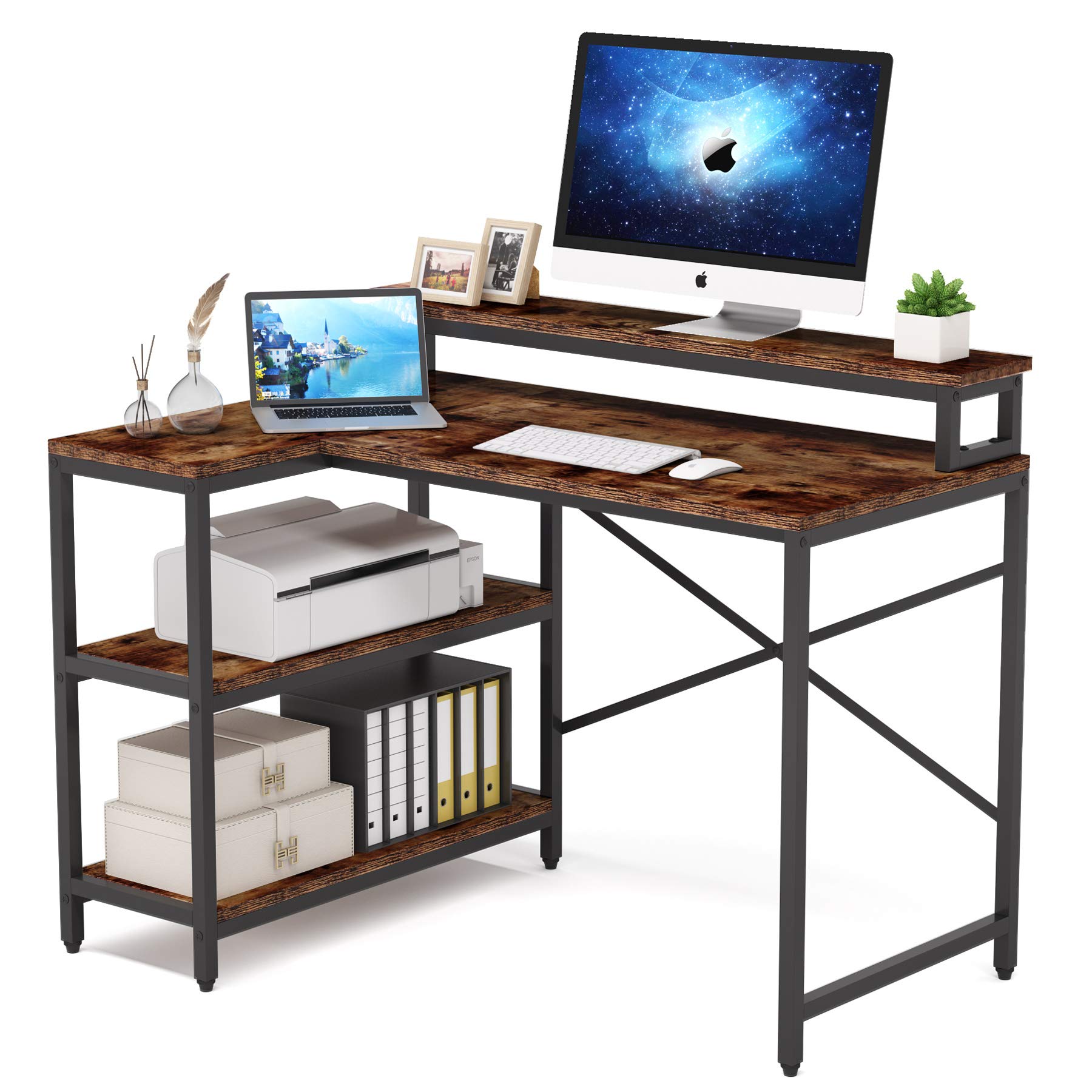 L Shaped Desk with Storage Shelves, Tribesigns Rustic Corner Desk Study Writing Workstation with Monitor Stand Riser for Home Office Small Space (Brown)