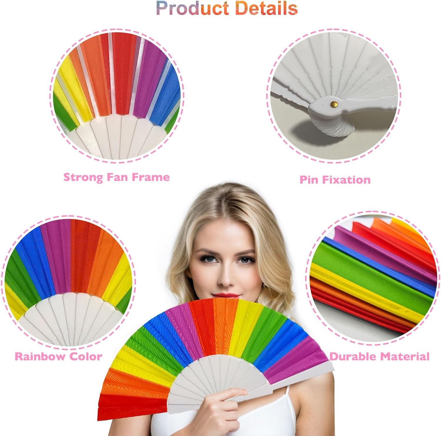 AMS 12pcs 9'' Rainbow Hand Fans, Pride Folding Hand Fan, Colorful Hand Held Fan, Plastic Folding Fan for Music Festival Events and Dance Supplies (White)