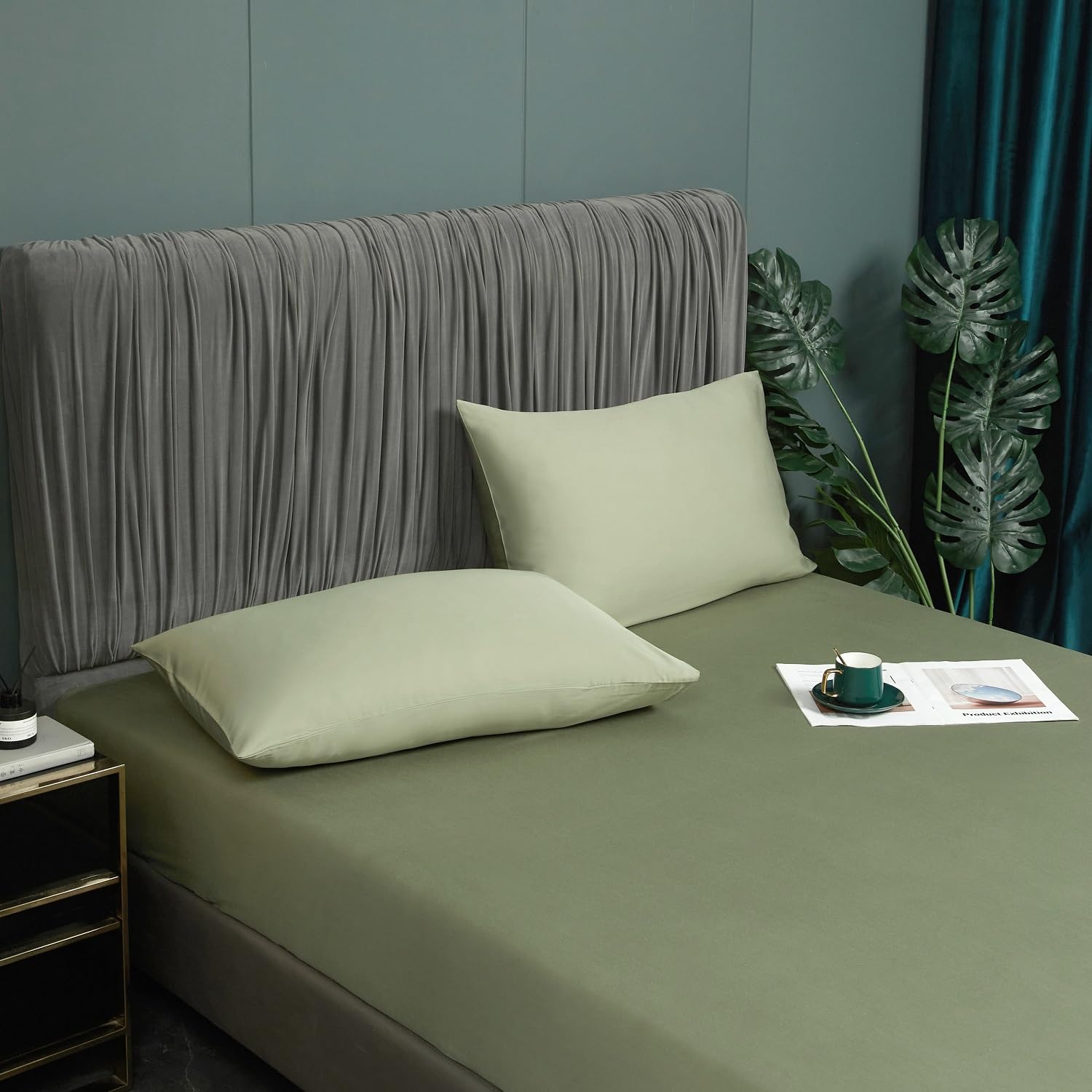 Luofanfei Sábana bajera ajustable de bambú, 160 x 200 cm, color verde | Sábana bajera para cama con somier, de fibra de bambú, brillante, para colchones altos de hasta 25-30 cm