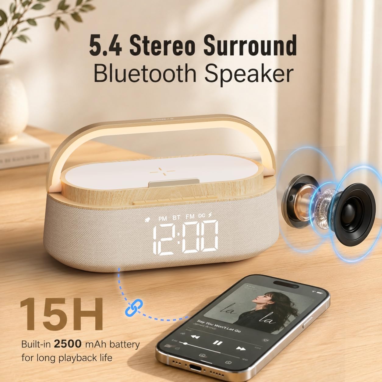 Digital Alarm Clock Bluetooth Speaker,Wireless Charger FM Radio,NightLight