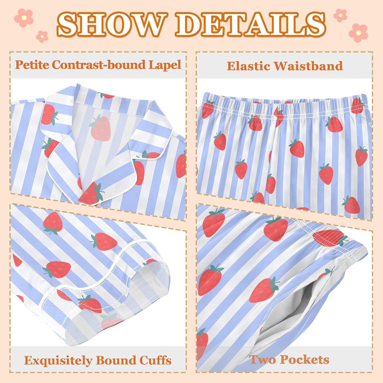 Blue Striped Strawberry Satin Pajama Sets Long Sleeves Nightwear Button Down Sleepwear