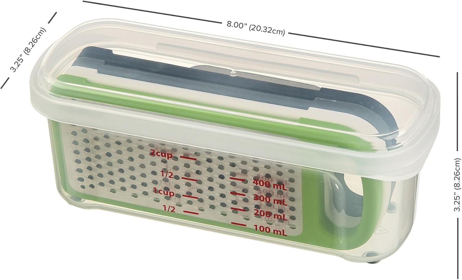 Compact Grate & Slice Set - Item Measures 8" W X 3.25" D X 3.25" H And Weighs 0.63 Lbs, Measures Up To 2 Cups (400 Ml), Grater & Slicer Panels Nest Neatly In The Container For Safe Storage
