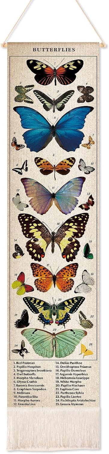 Geetery Vintage Butterfly Vertical Tapestry Wall Hanging Long Narrow Wall Art Fabric Butterfly Wall Hanging Reference Illustrative Botanical Tassel Tapestry Long Vertical Wall Decor for Home Decor