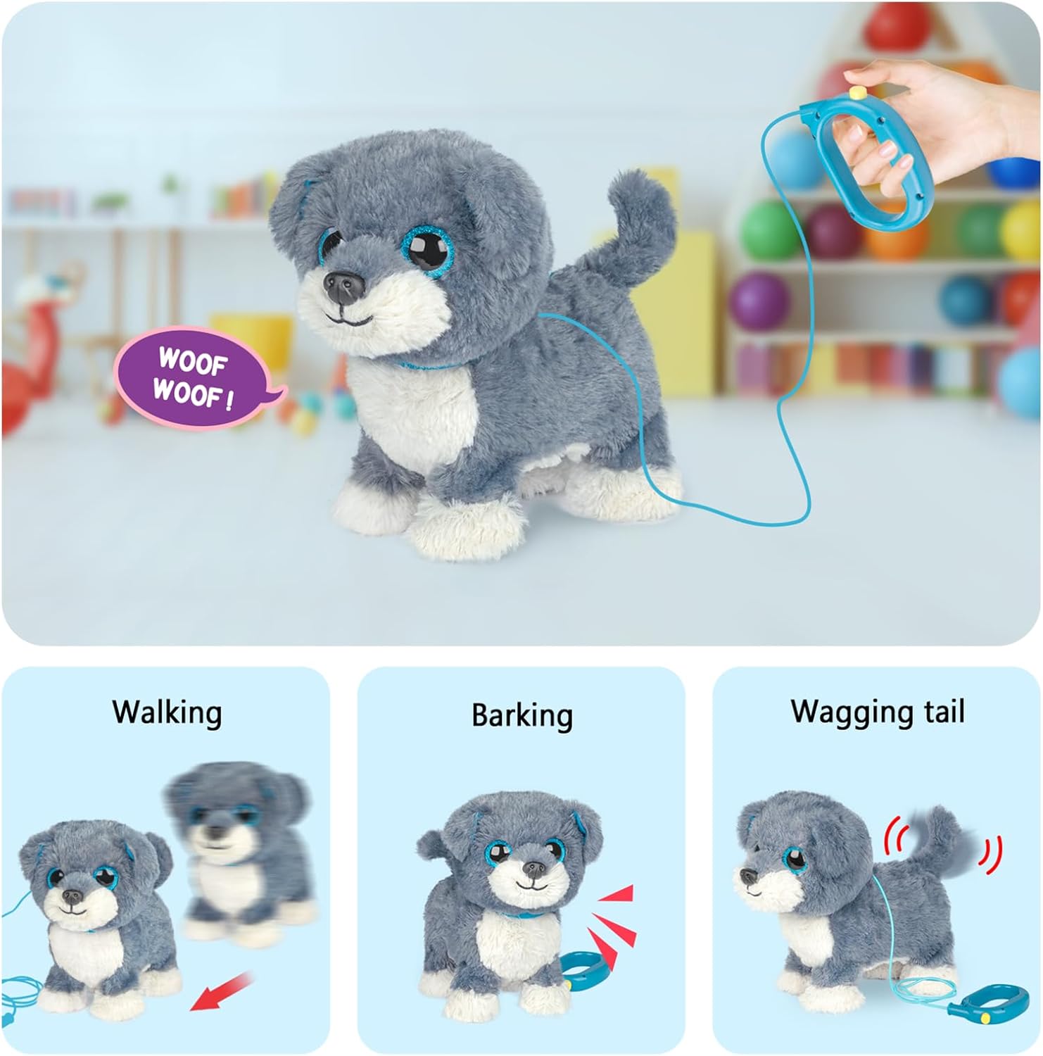 YH YUHUNG Interactive Walking Dog Toy with Leash, Grey Puppy with Blue Ears, Electronic Barking & Tail Wagging Robot Pet, Realistic Stuffed Animal Gift for Kids Boys Girls 3+ (Grey/Blue)