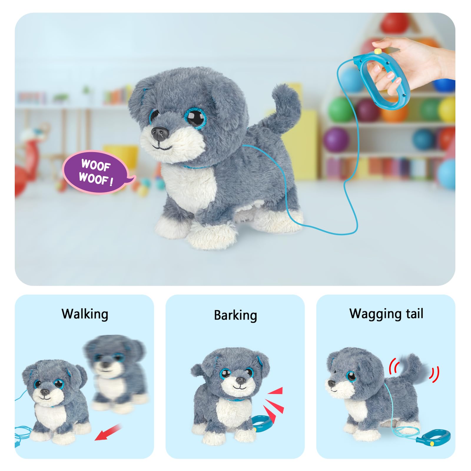 YH YUHUNG Interaktiver Hund mit Leine Grau, Schnauzer Welpe Spielzeug, Läuft & Bellt per Knopfdruck, Elektronischer Roboter Hund Plüschtier für Kinder 3+ (Grau/Blau)